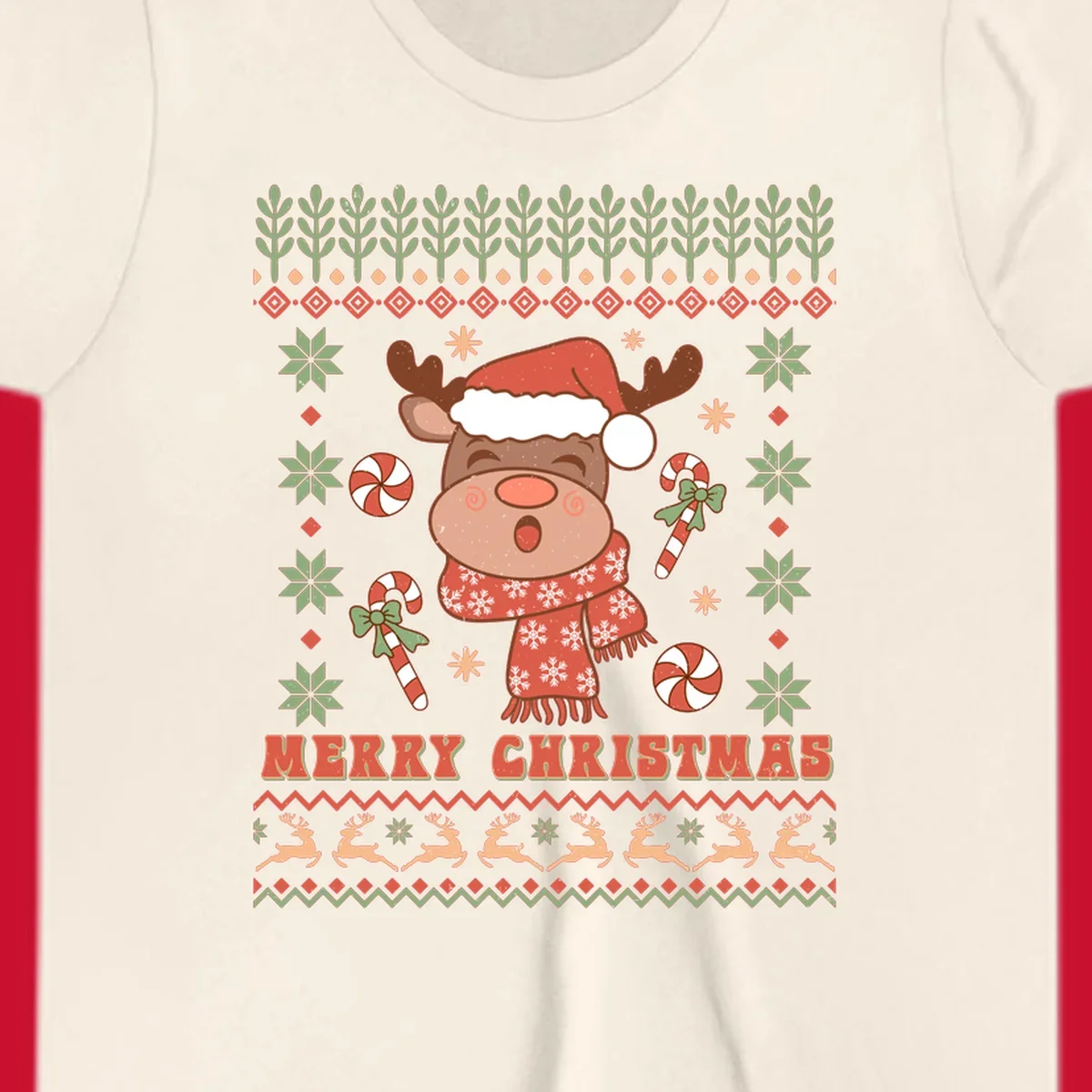 Christmas reindeer ugly sweater with santa hat, candy canes, and Merry Christmas text.