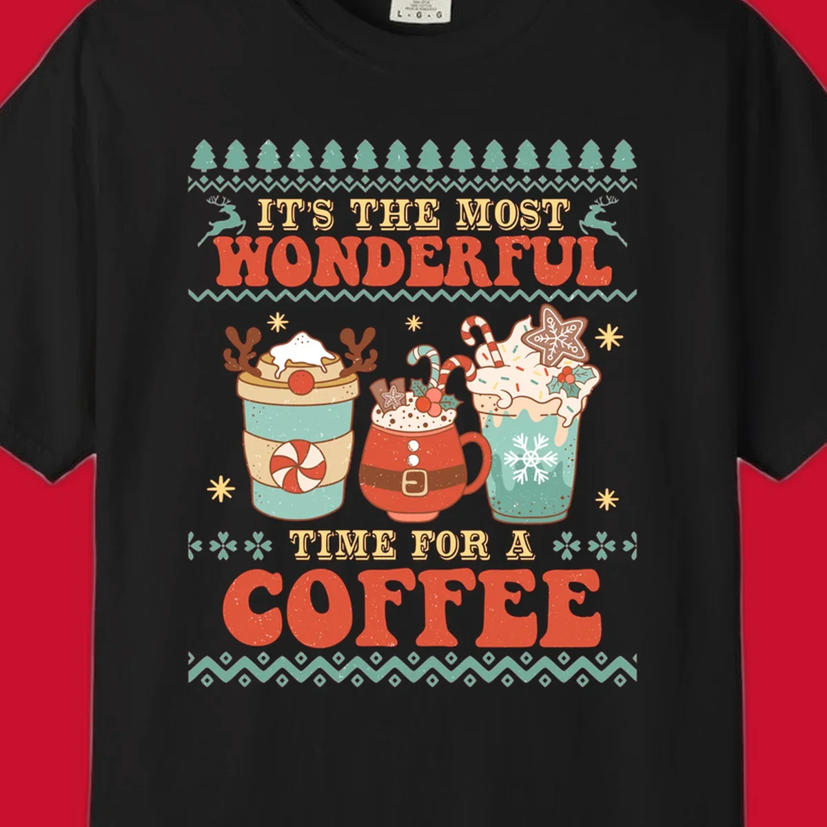 Christmas coffee time design with retro text and festive drinks. Holiday ugly sweater pattern.