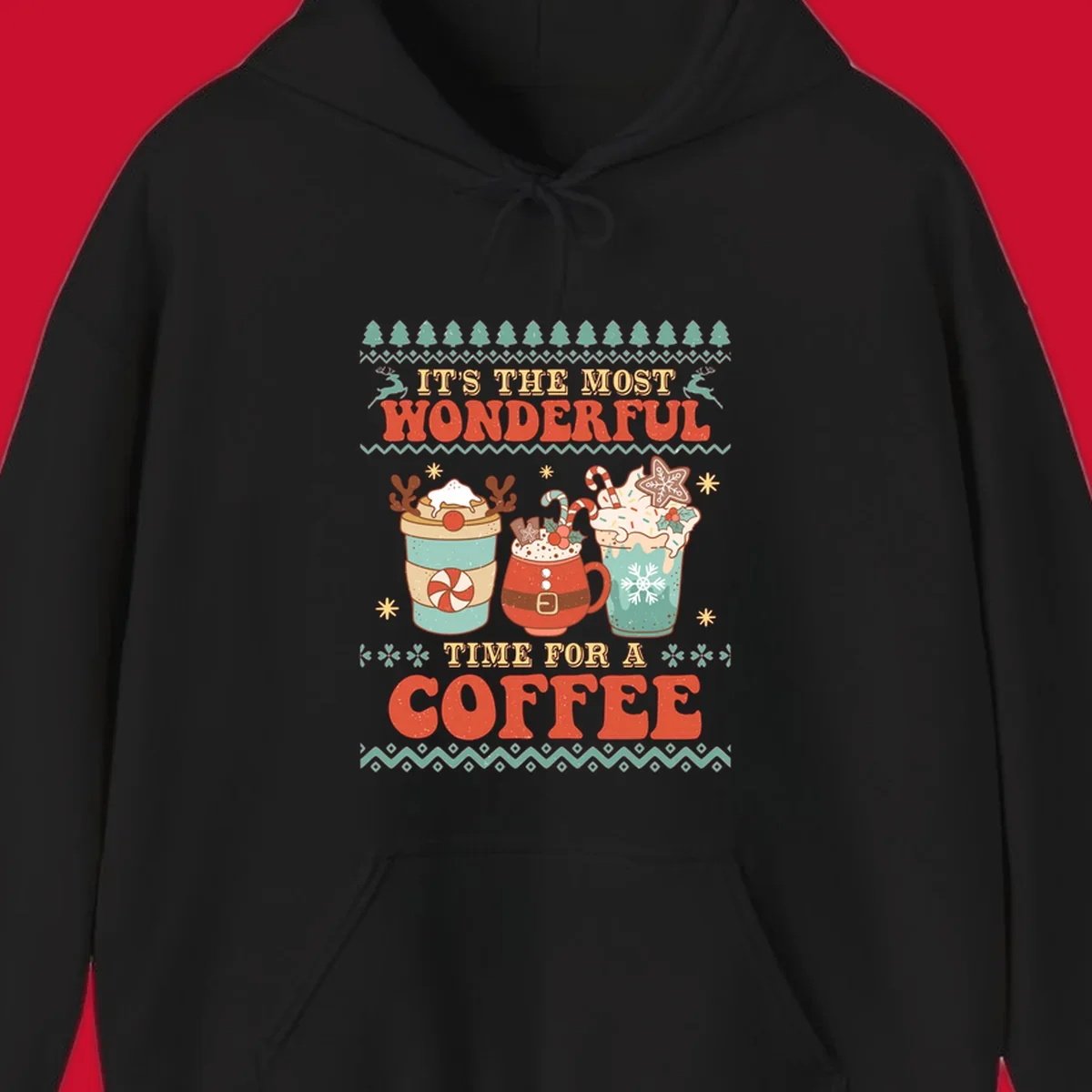 Christmas coffee time design with retro text and festive drinks. Holiday ugly sweater pattern.