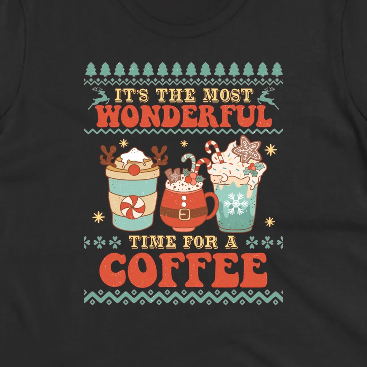 Christmas coffee time design with retro text and festive drinks. Holiday ugly sweater pattern.