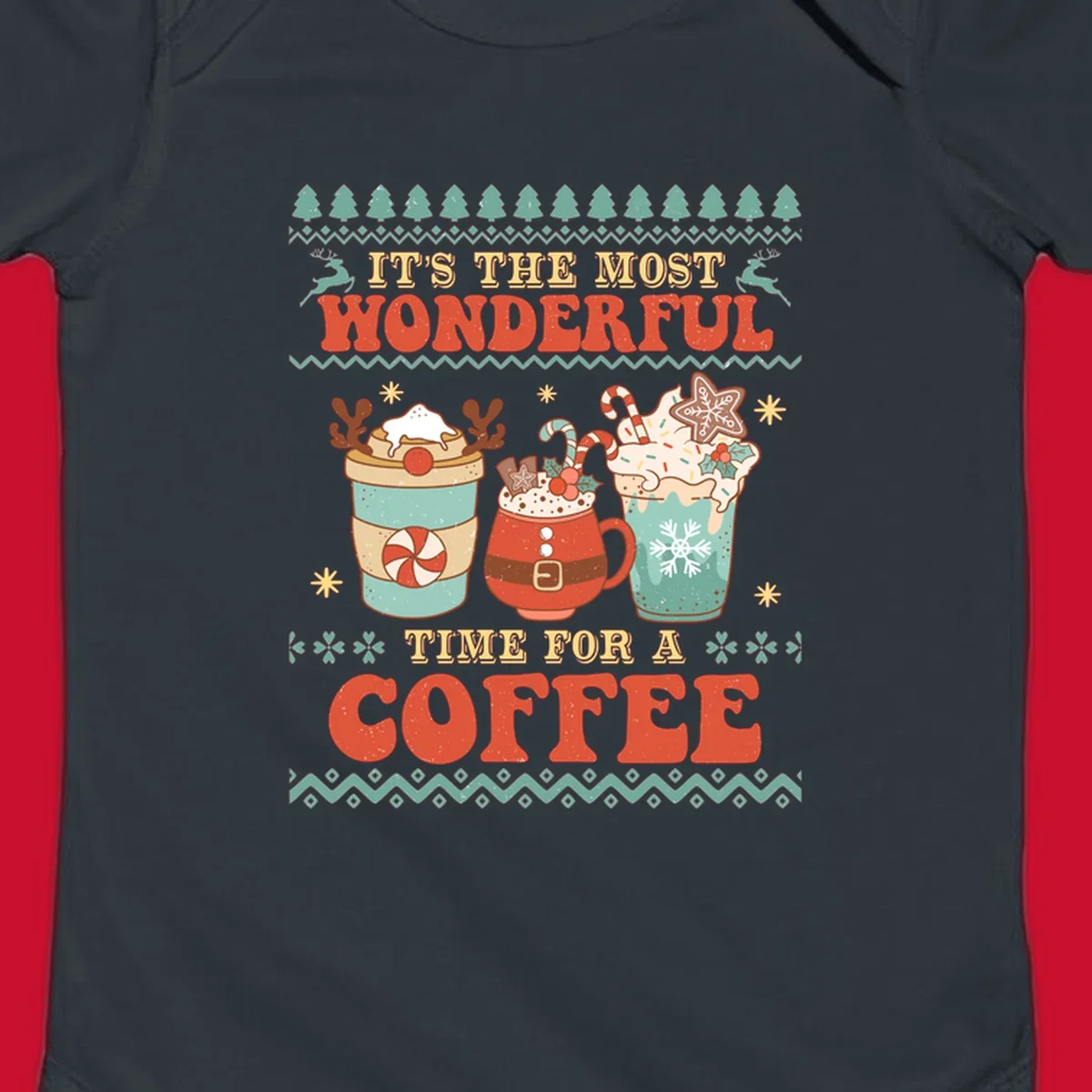 Christmas coffee time design with retro text and festive drinks. Holiday ugly sweater pattern.