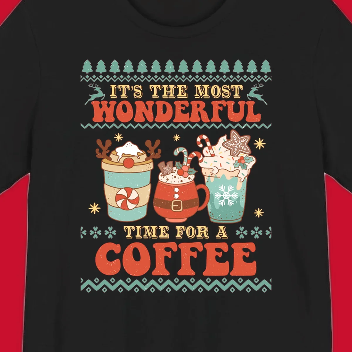 Christmas coffee time design with retro text and festive drinks. Holiday ugly sweater pattern.