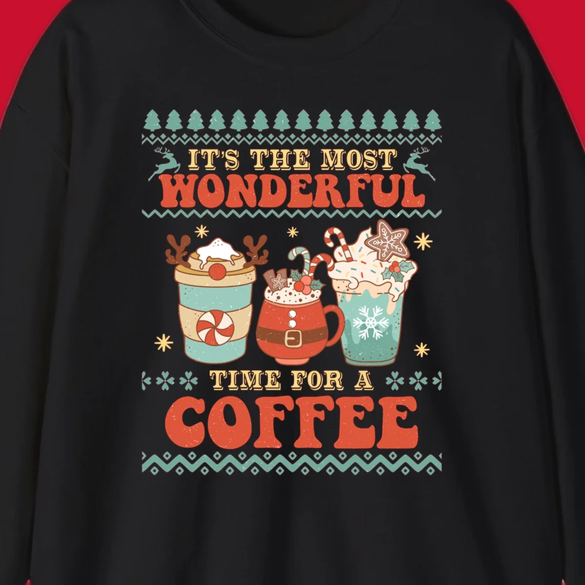 Christmas coffee time design with retro text and festive drinks. Holiday ugly sweater pattern.