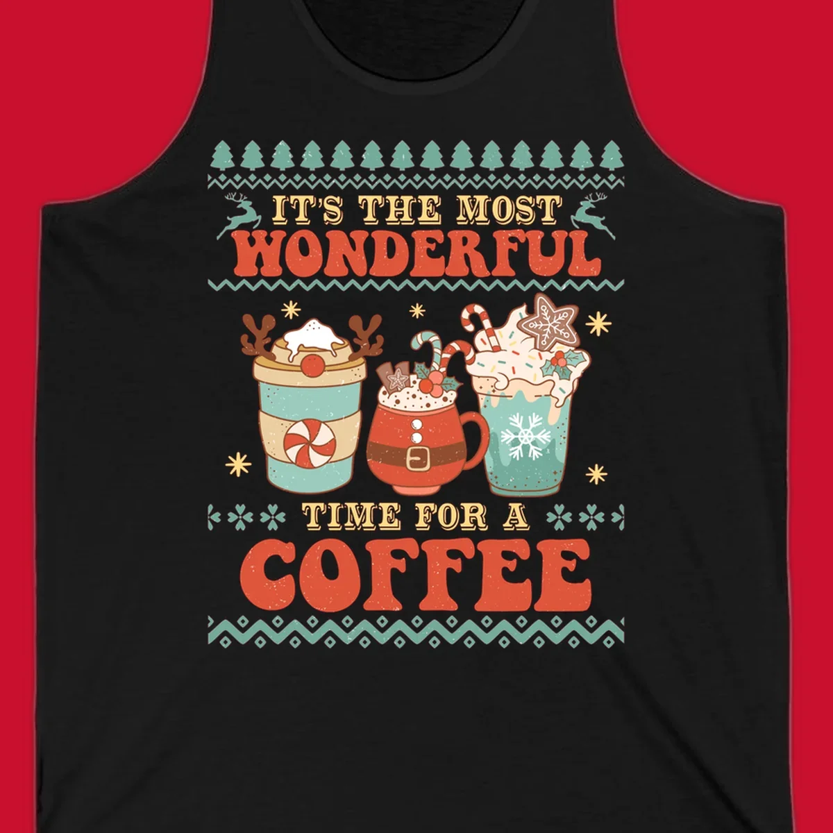 Christmas coffee time design with retro text and festive drinks. Holiday ugly sweater pattern.
