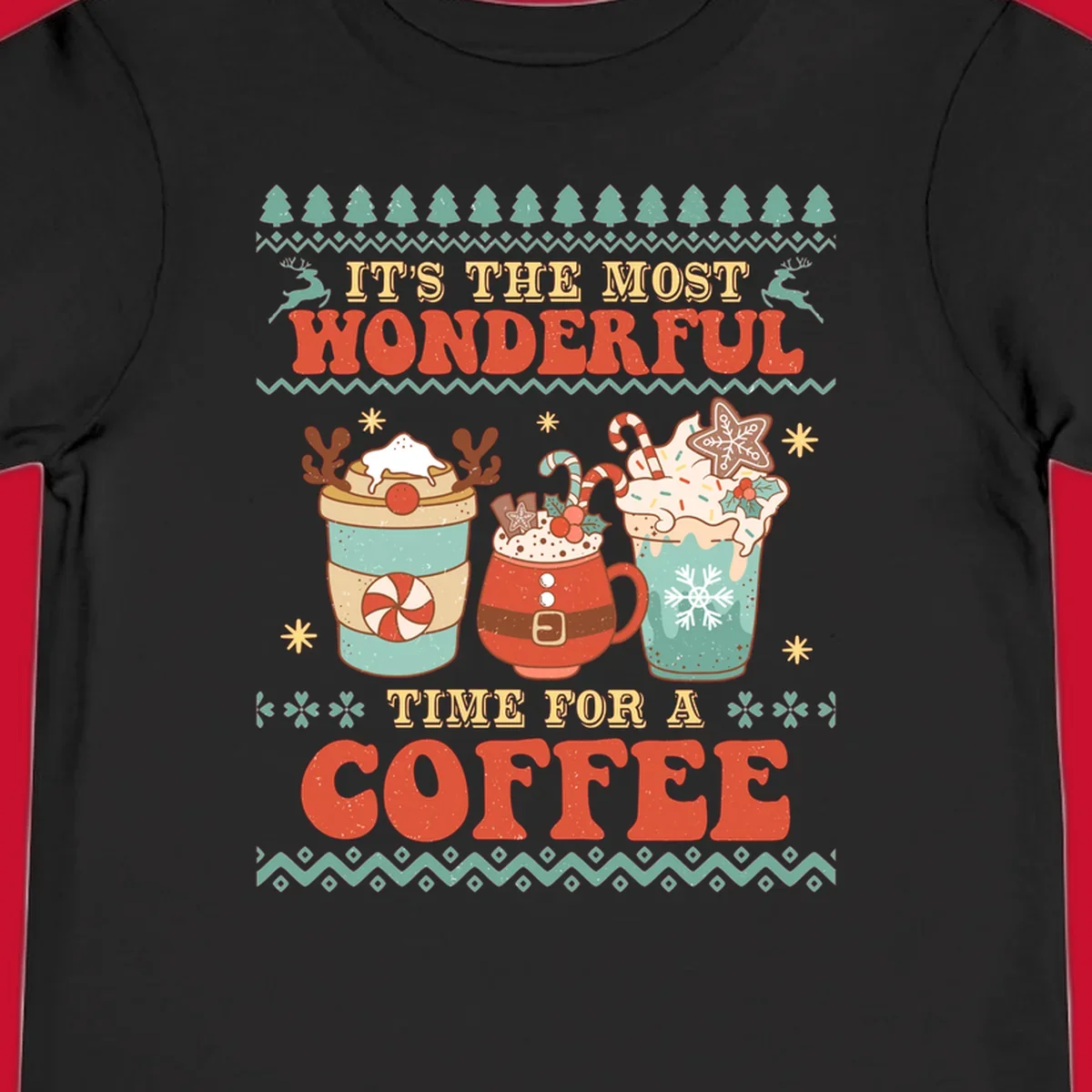 Christmas coffee time design with retro text and festive drinks. Holiday ugly sweater pattern.