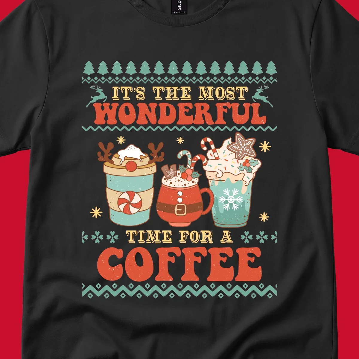 Christmas coffee time design with retro text and festive drinks. Holiday ugly sweater pattern.