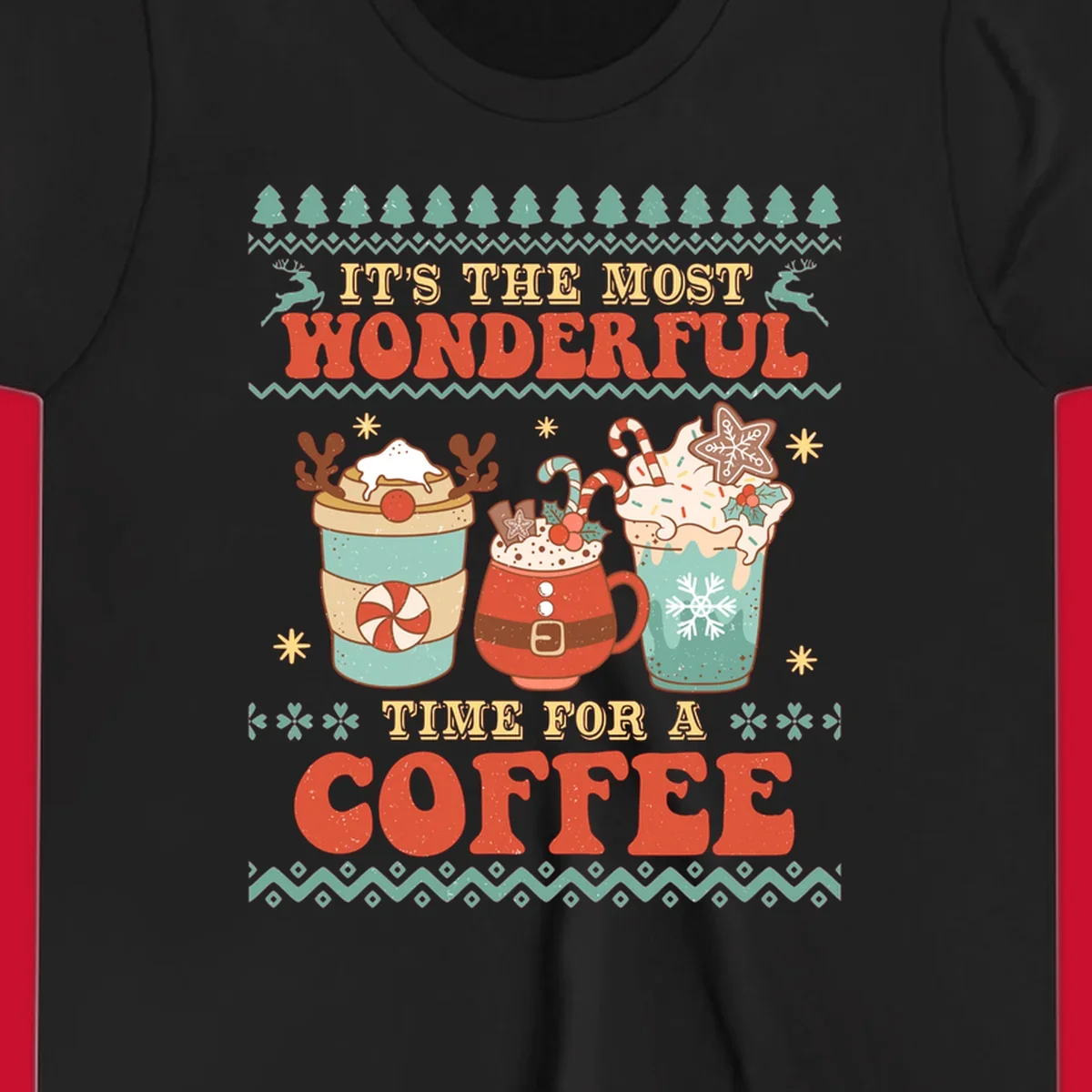 Christmas coffee time design with retro text and festive drinks. Holiday ugly sweater pattern.