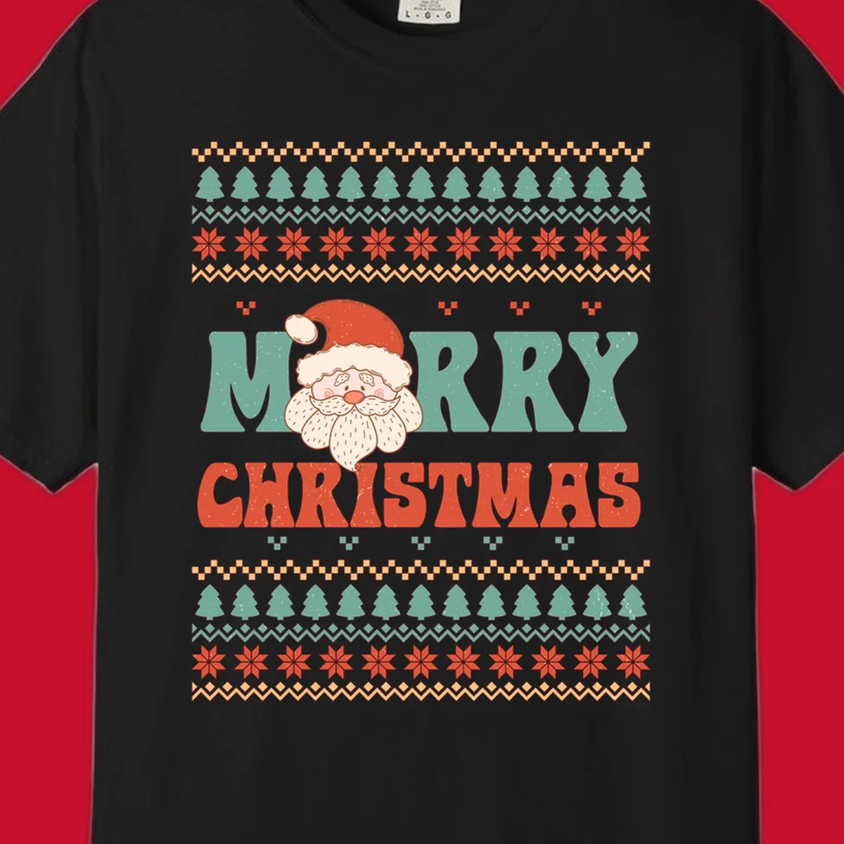 Retro Santa Claus illustration with 'Merry Christmas' text in a groovy font, on an ugly Christmas sweater pattern.