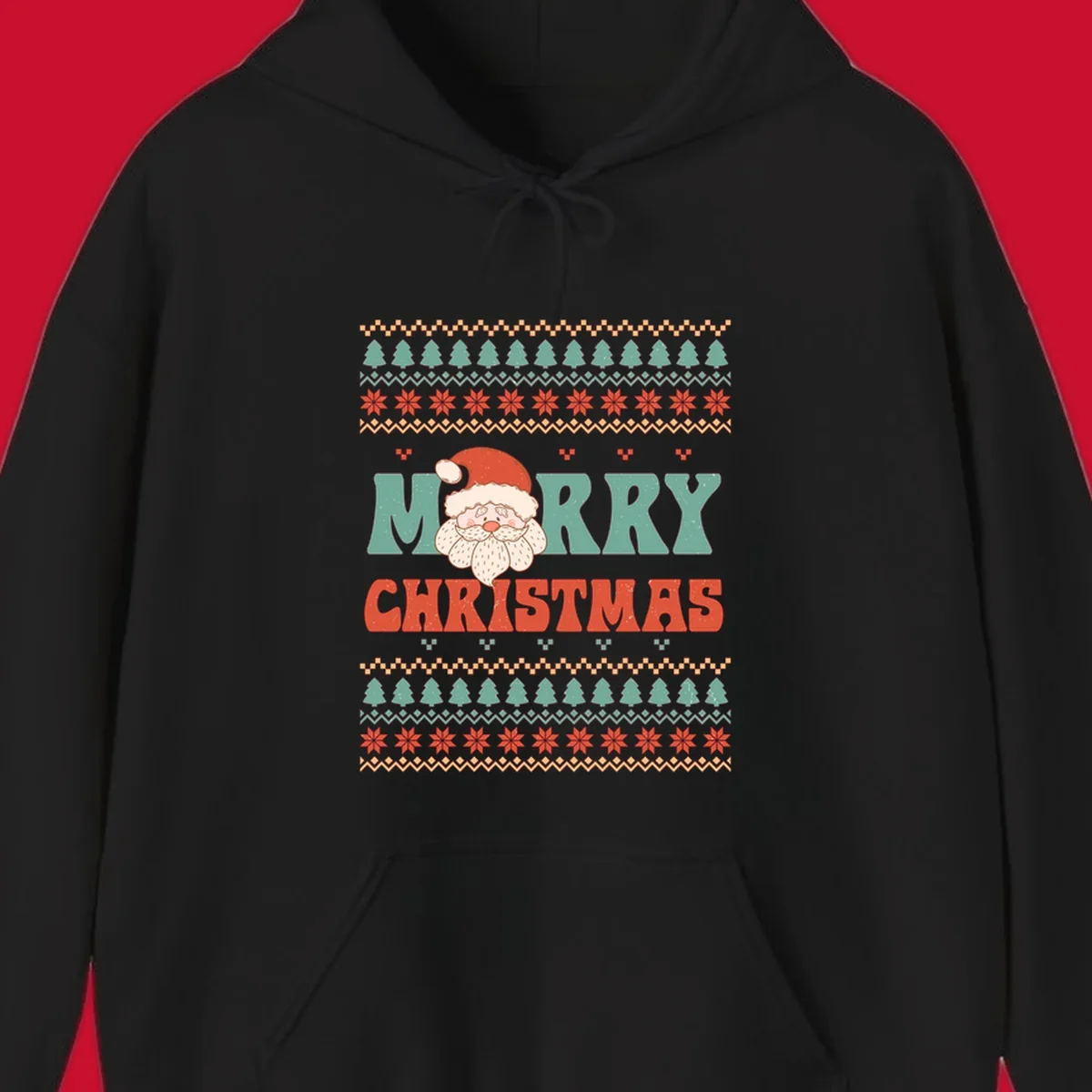 Retro Santa Claus illustration with 'Merry Christmas' text in a groovy font, on an ugly Christmas sweater pattern.