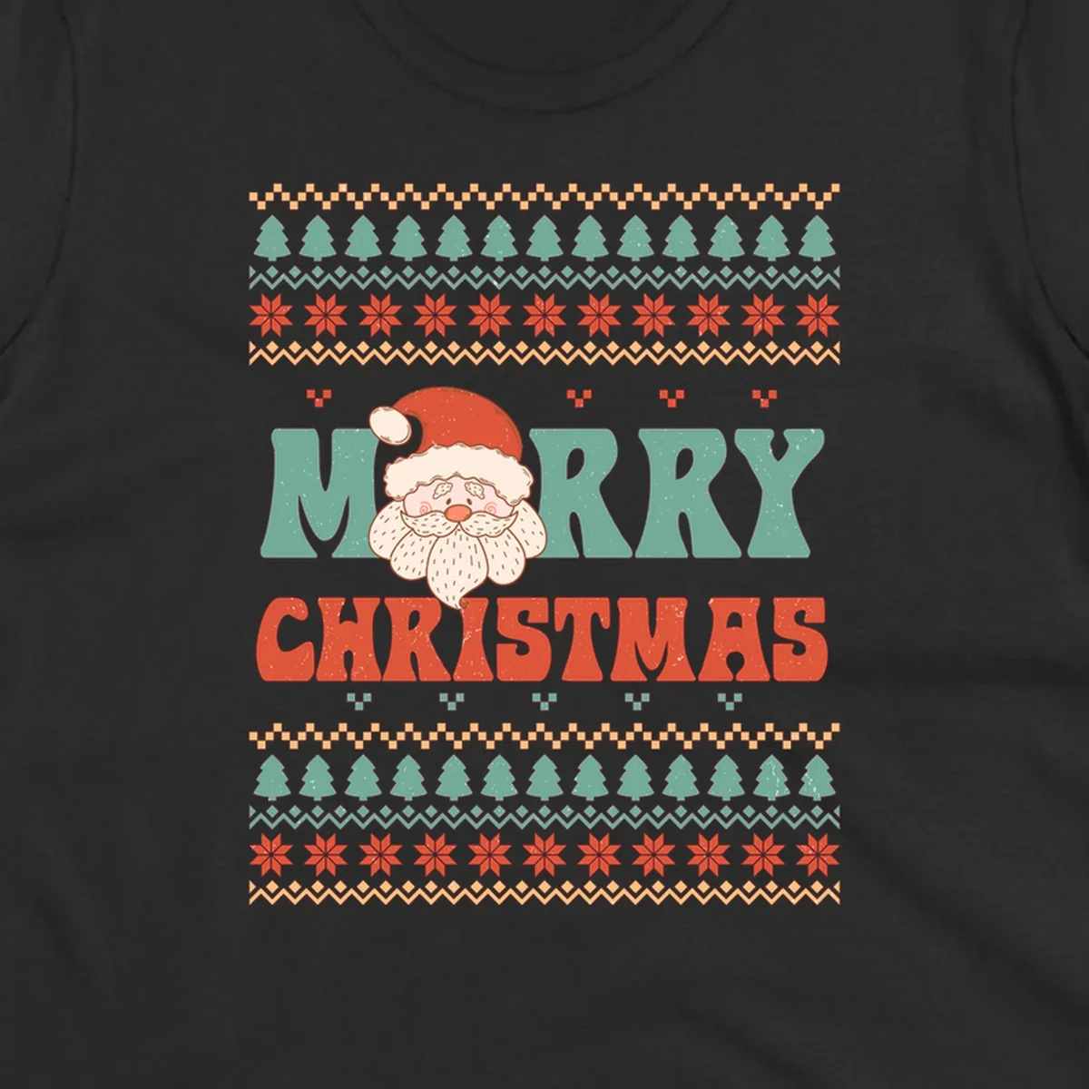 Retro Santa Claus illustration with 'Merry Christmas' text in a groovy font, on an ugly Christmas sweater pattern.