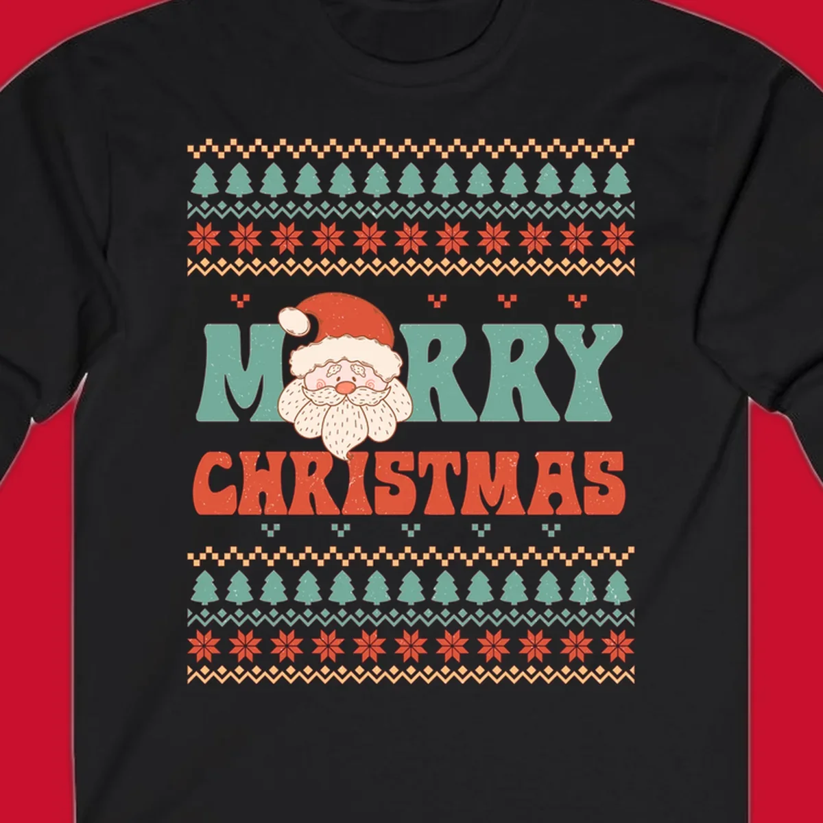Retro Santa Claus illustration with 'Merry Christmas' text in a groovy font, on an ugly Christmas sweater pattern.