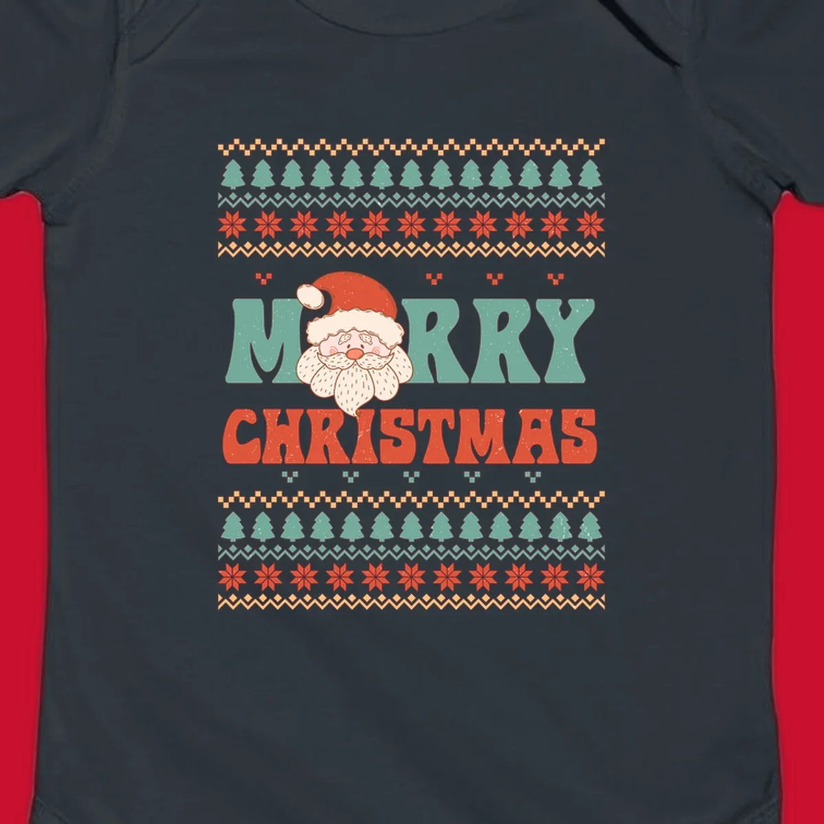 Retro Santa Claus illustration with 'Merry Christmas' text in a groovy font, on an ugly Christmas sweater pattern.