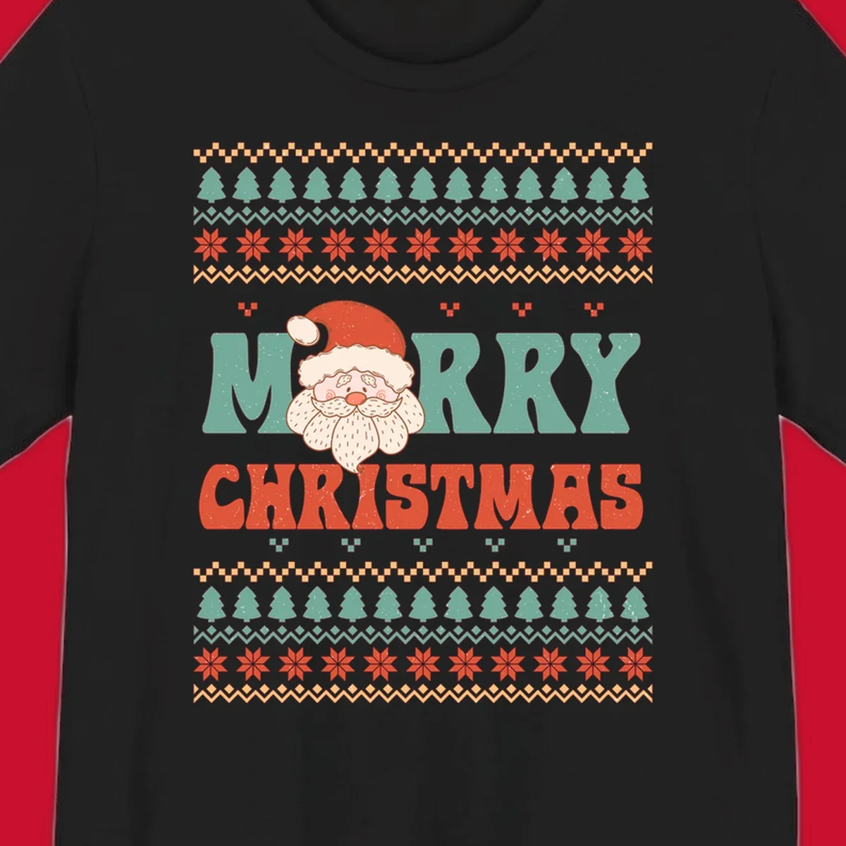Retro Santa Claus illustration with 'Merry Christmas' text in a groovy font, on an ugly Christmas sweater pattern.