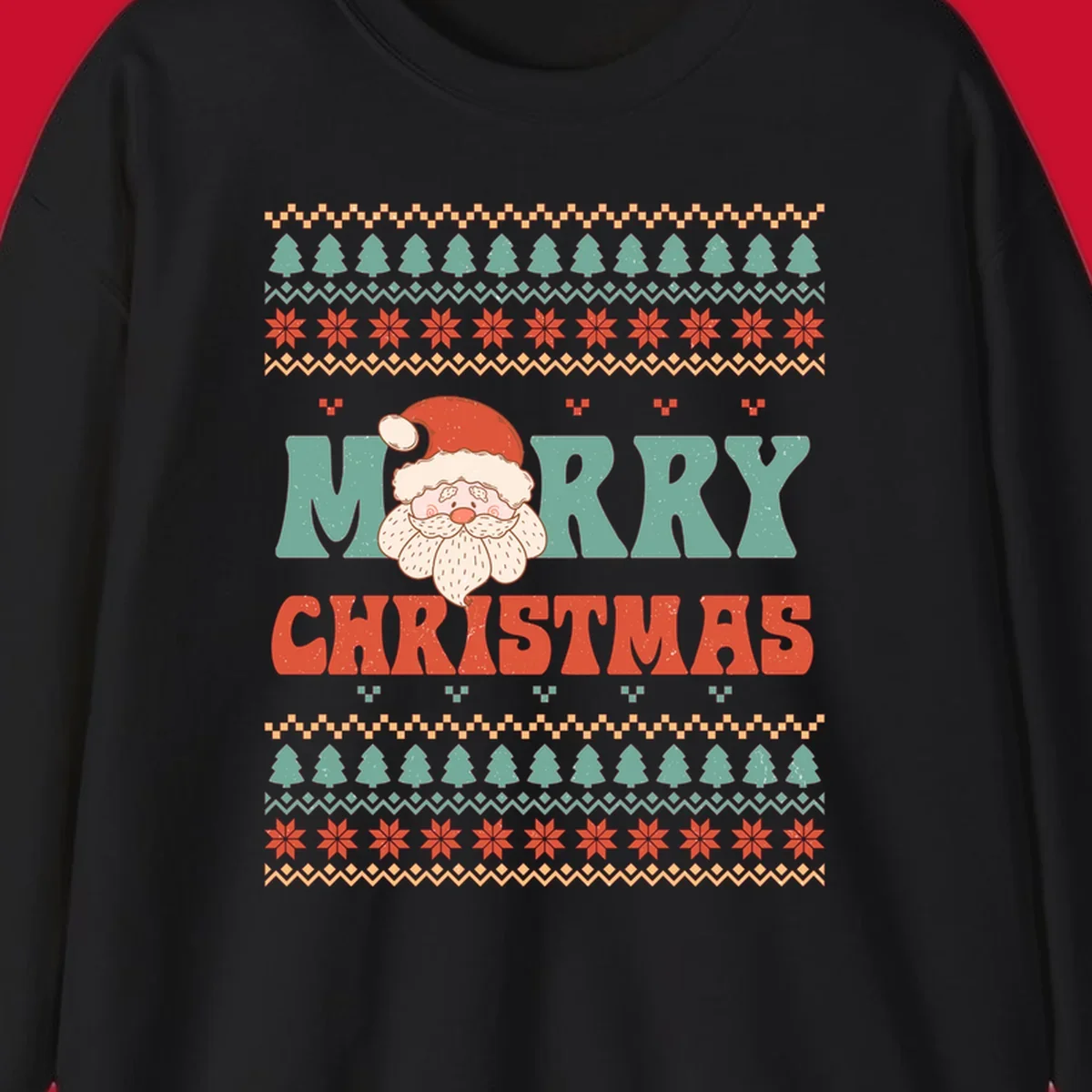 Retro Santa Claus illustration with 'Merry Christmas' text in a groovy font, on an ugly Christmas sweater pattern.