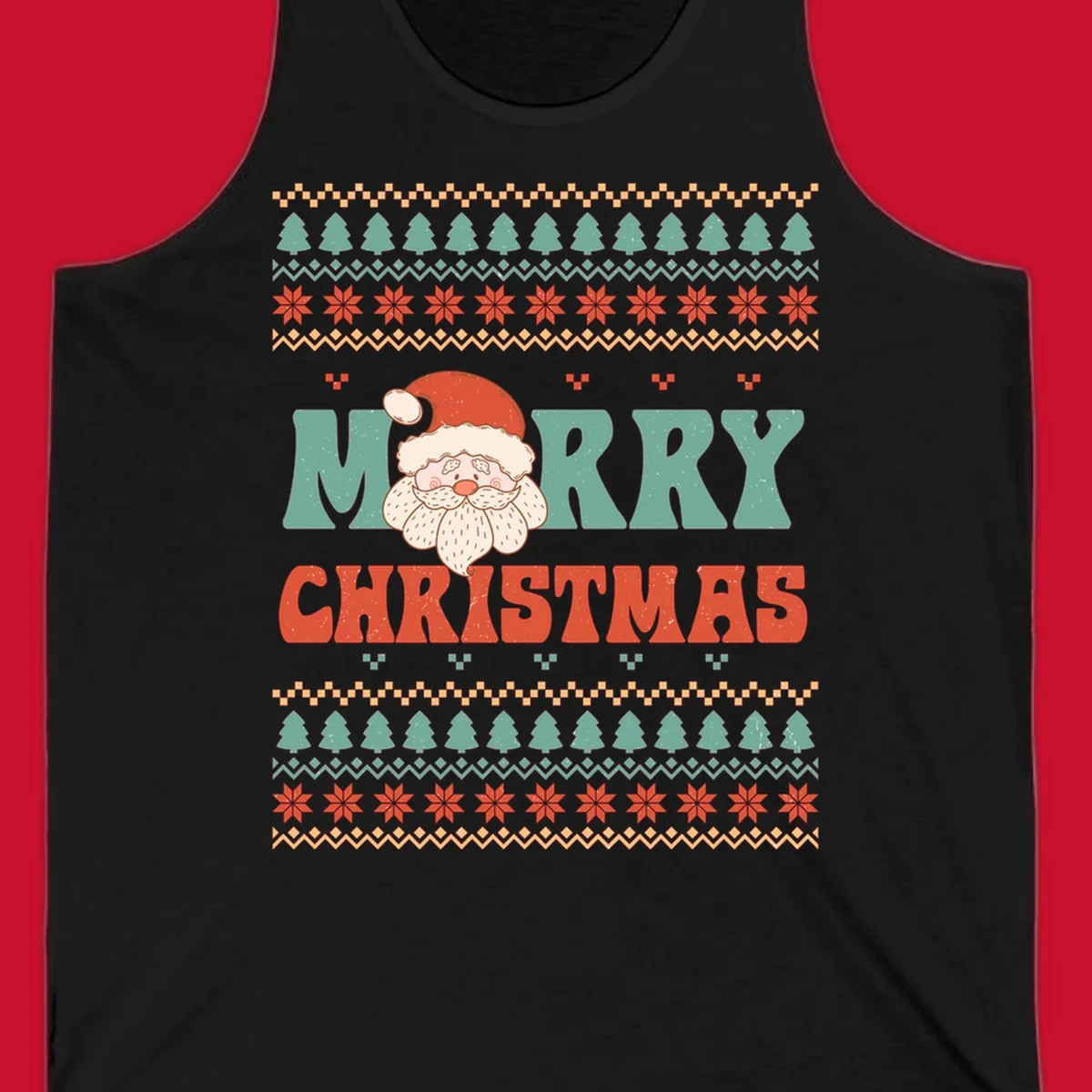 Retro Santa Claus illustration with 'Merry Christmas' text in a groovy font, on an ugly Christmas sweater pattern.