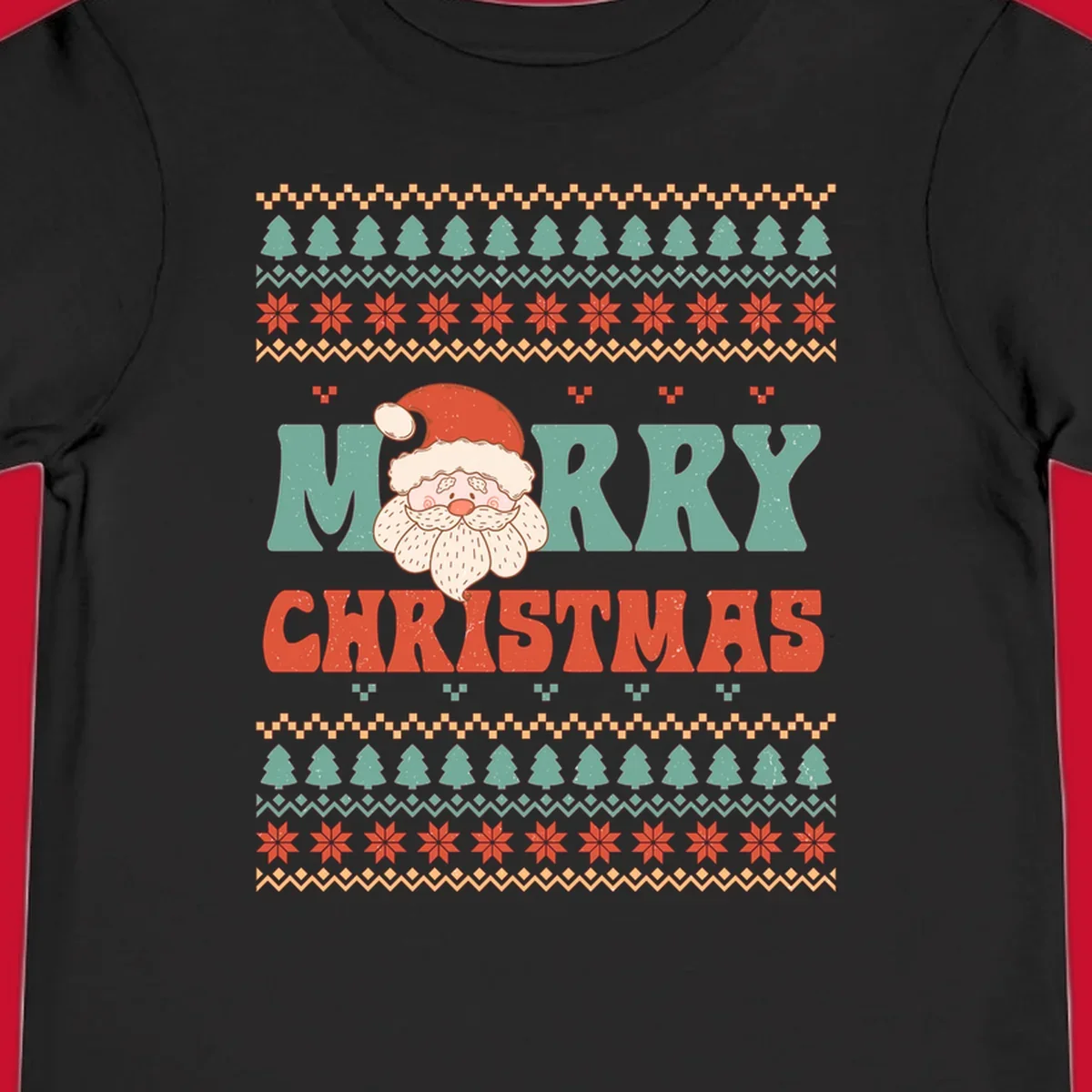 Retro Santa Claus illustration with 'Merry Christmas' text in a groovy font, on an ugly Christmas sweater pattern.