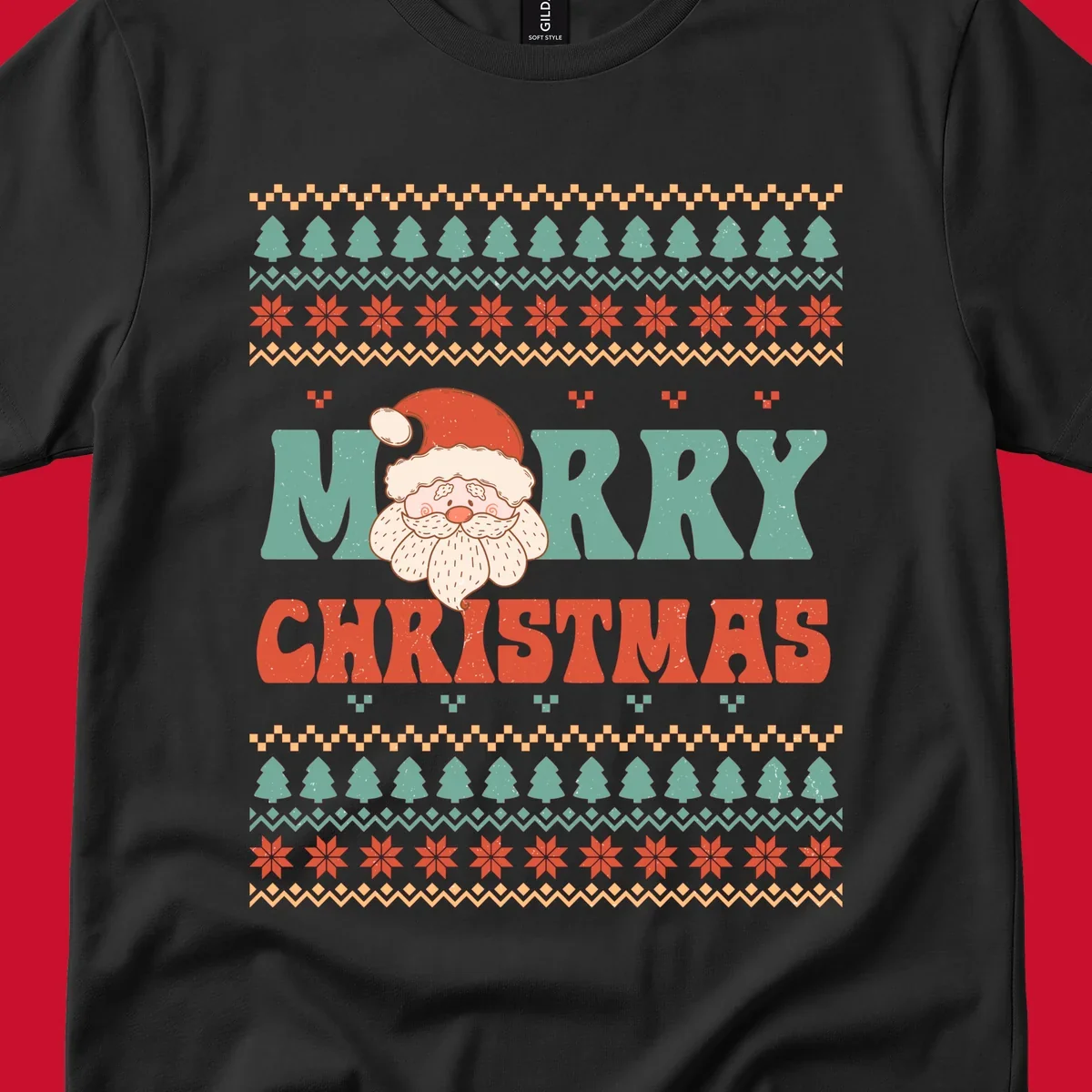 Retro Santa Claus illustration with 'Merry Christmas' text in a groovy font, on an ugly Christmas sweater pattern.
