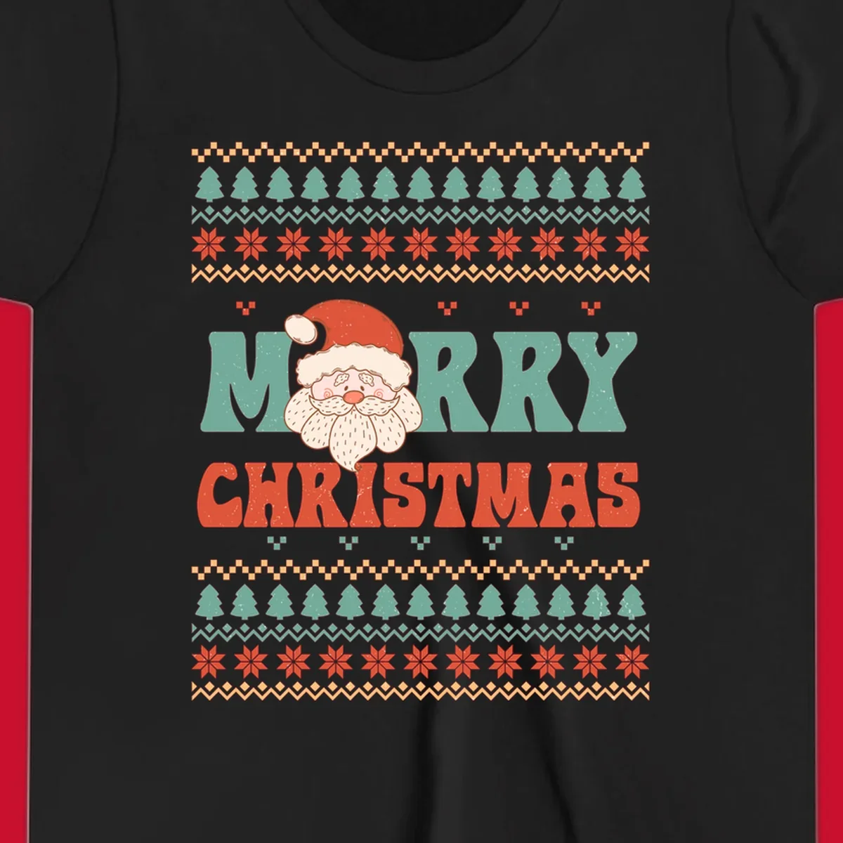 Retro Santa Claus illustration with 'Merry Christmas' text in a groovy font, on an ugly Christmas sweater pattern.