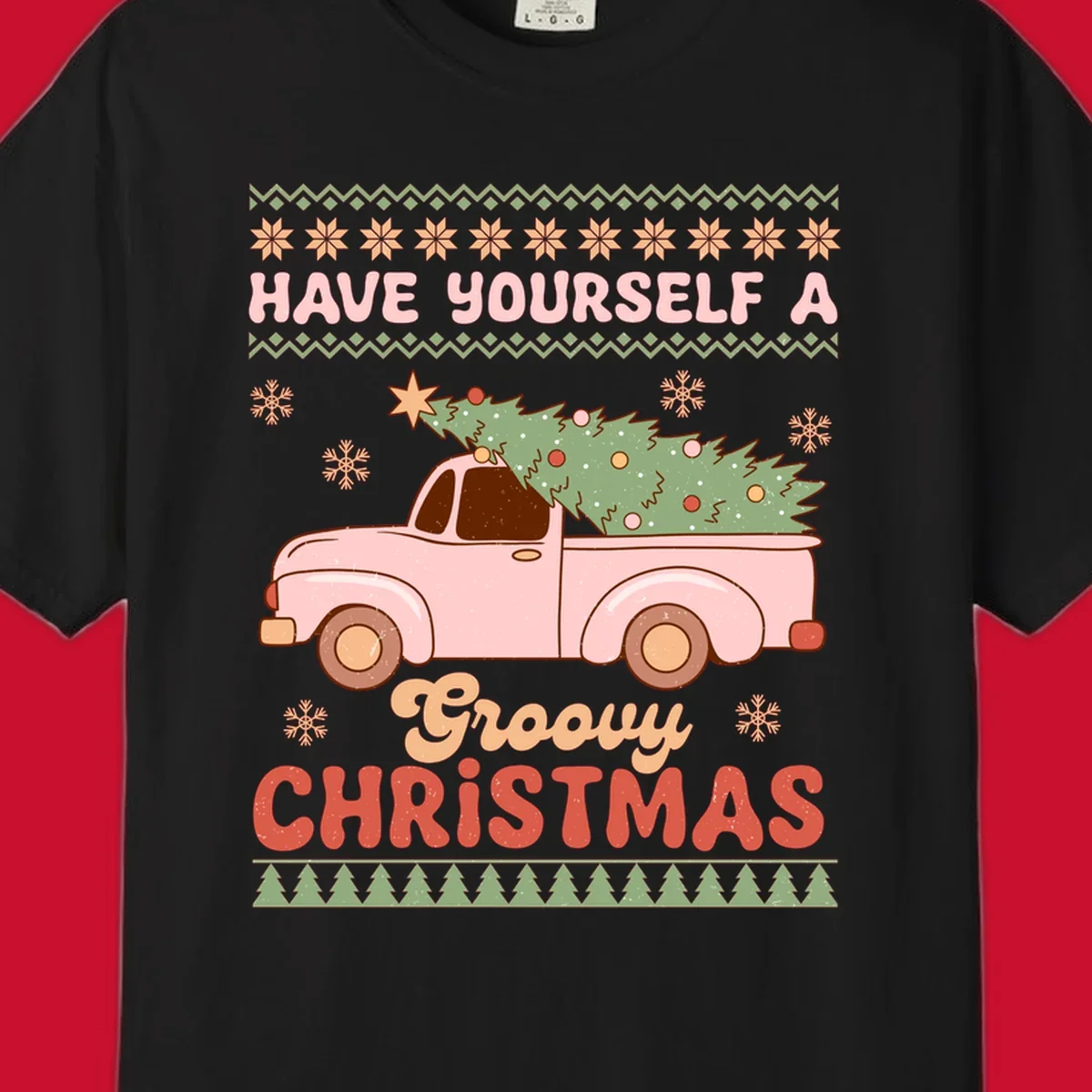 Groovy Christmas truck with tree on ugly sweater pattern