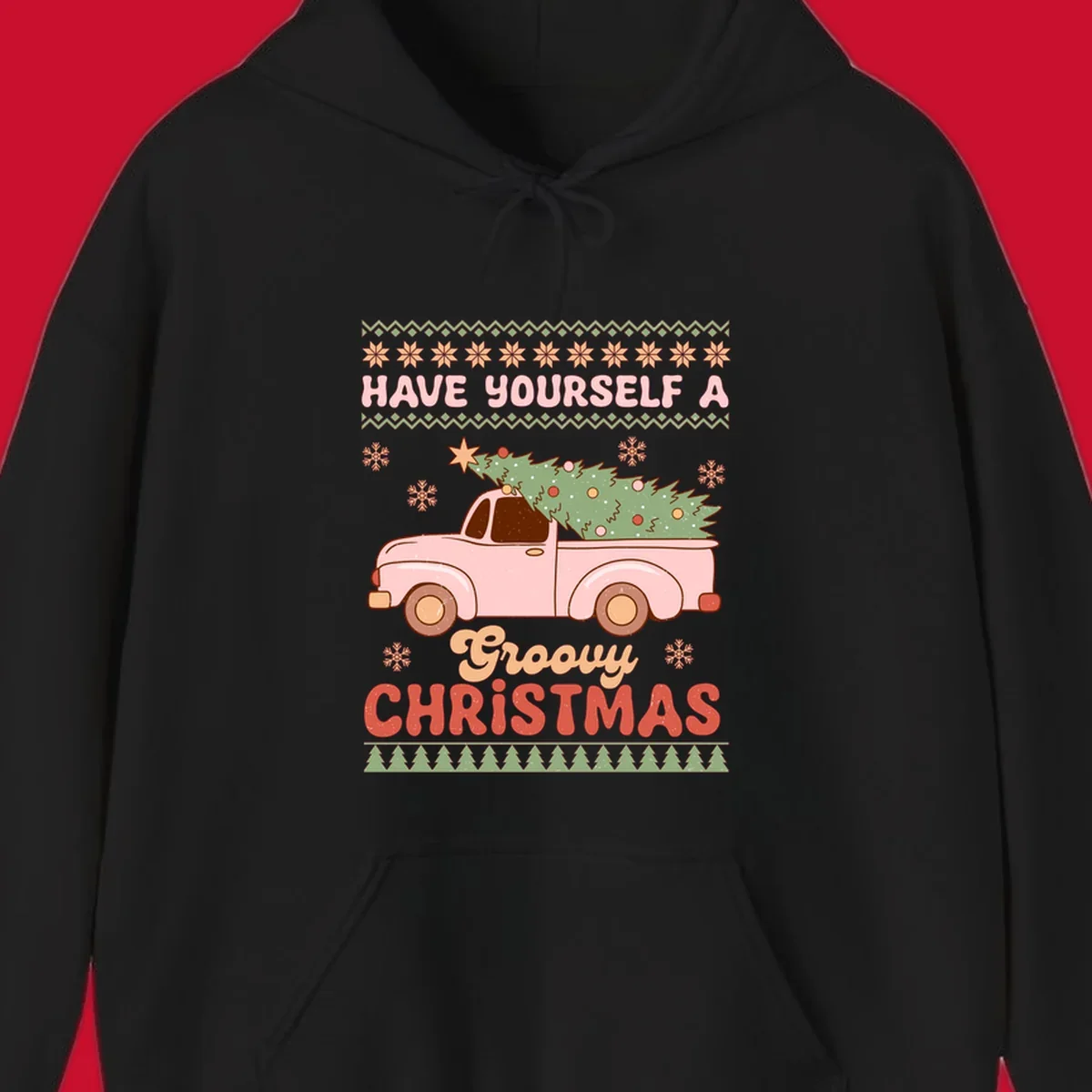 Groovy Christmas truck with tree on ugly sweater pattern