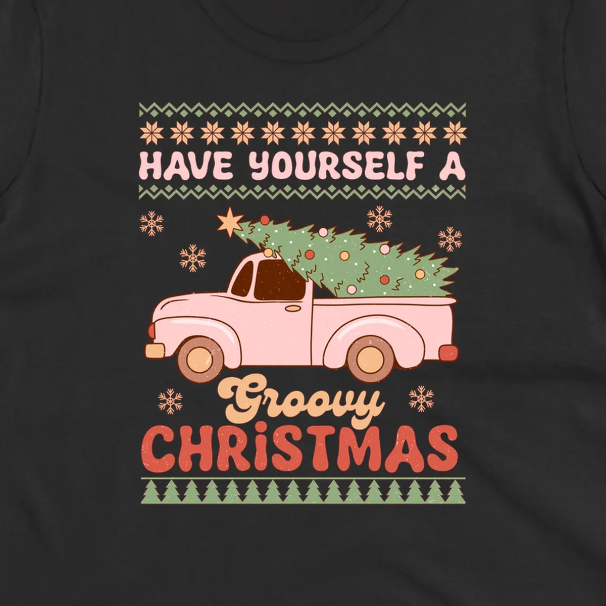 Groovy Christmas truck with tree on ugly sweater pattern
