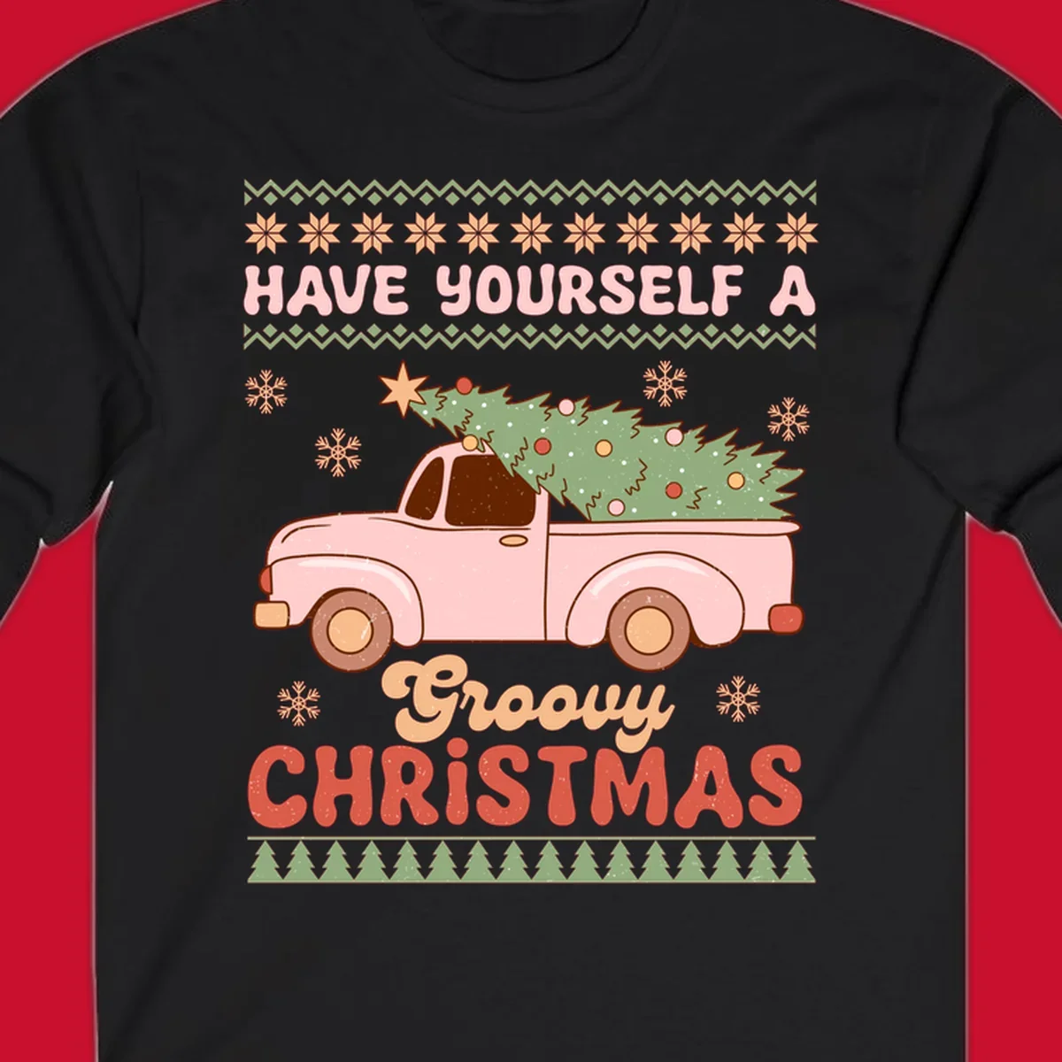 Groovy Christmas truck with tree on ugly sweater pattern