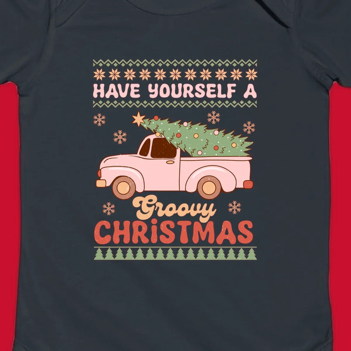 Groovy Christmas truck with tree on ugly sweater pattern