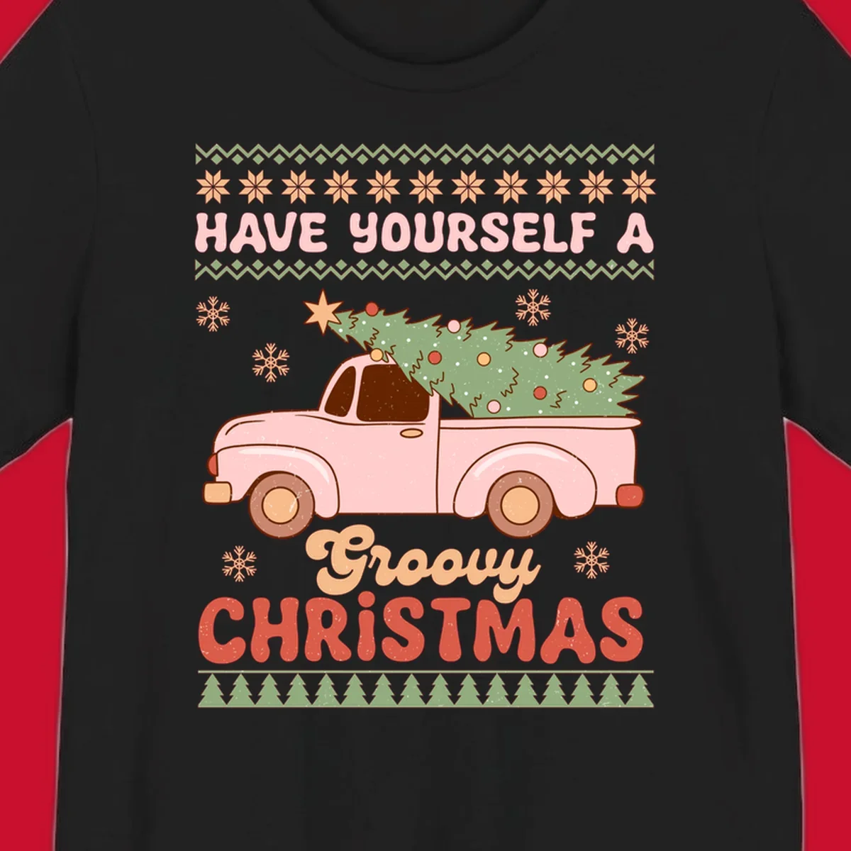 Groovy Christmas truck with tree on ugly sweater pattern