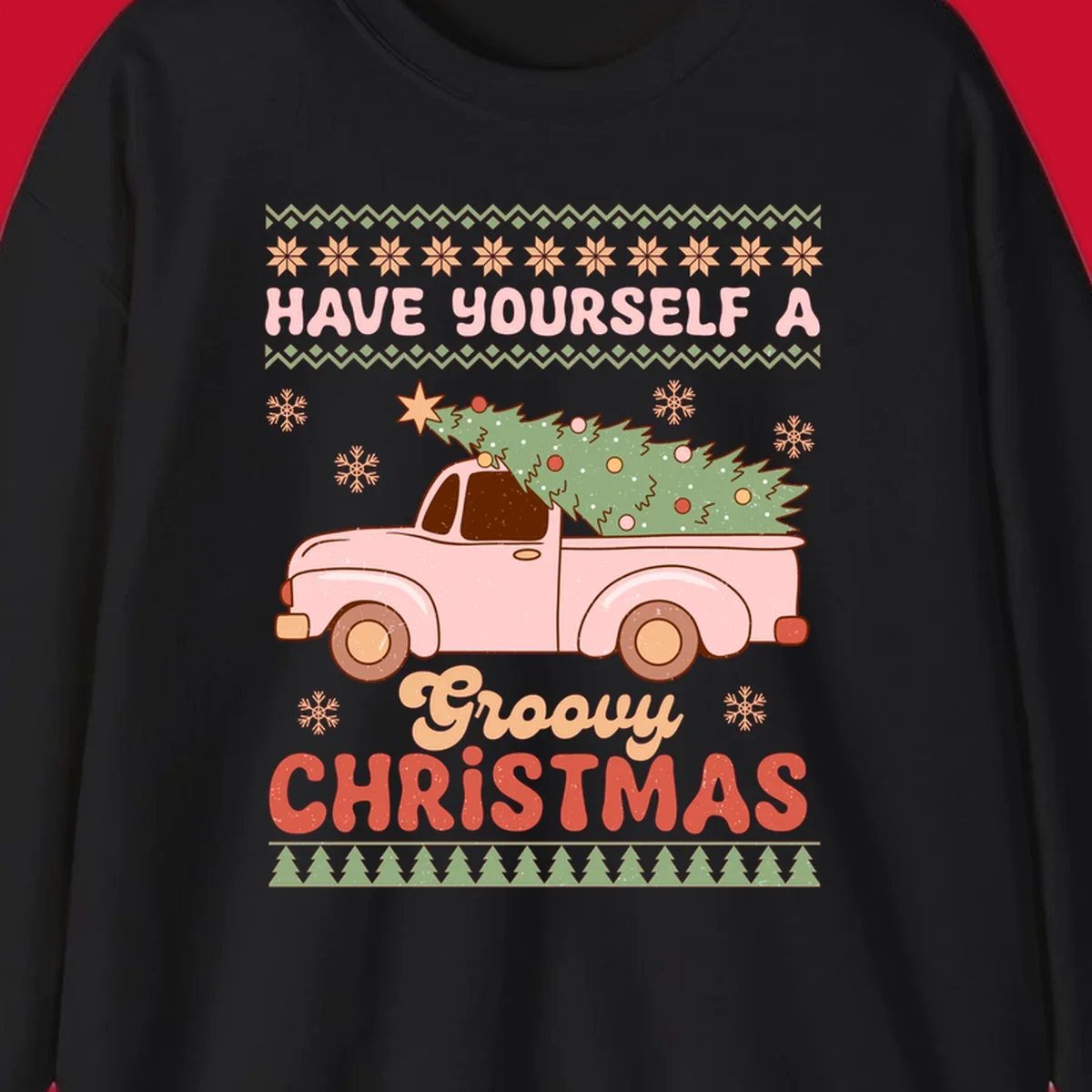 Groovy Christmas truck with tree on ugly sweater pattern