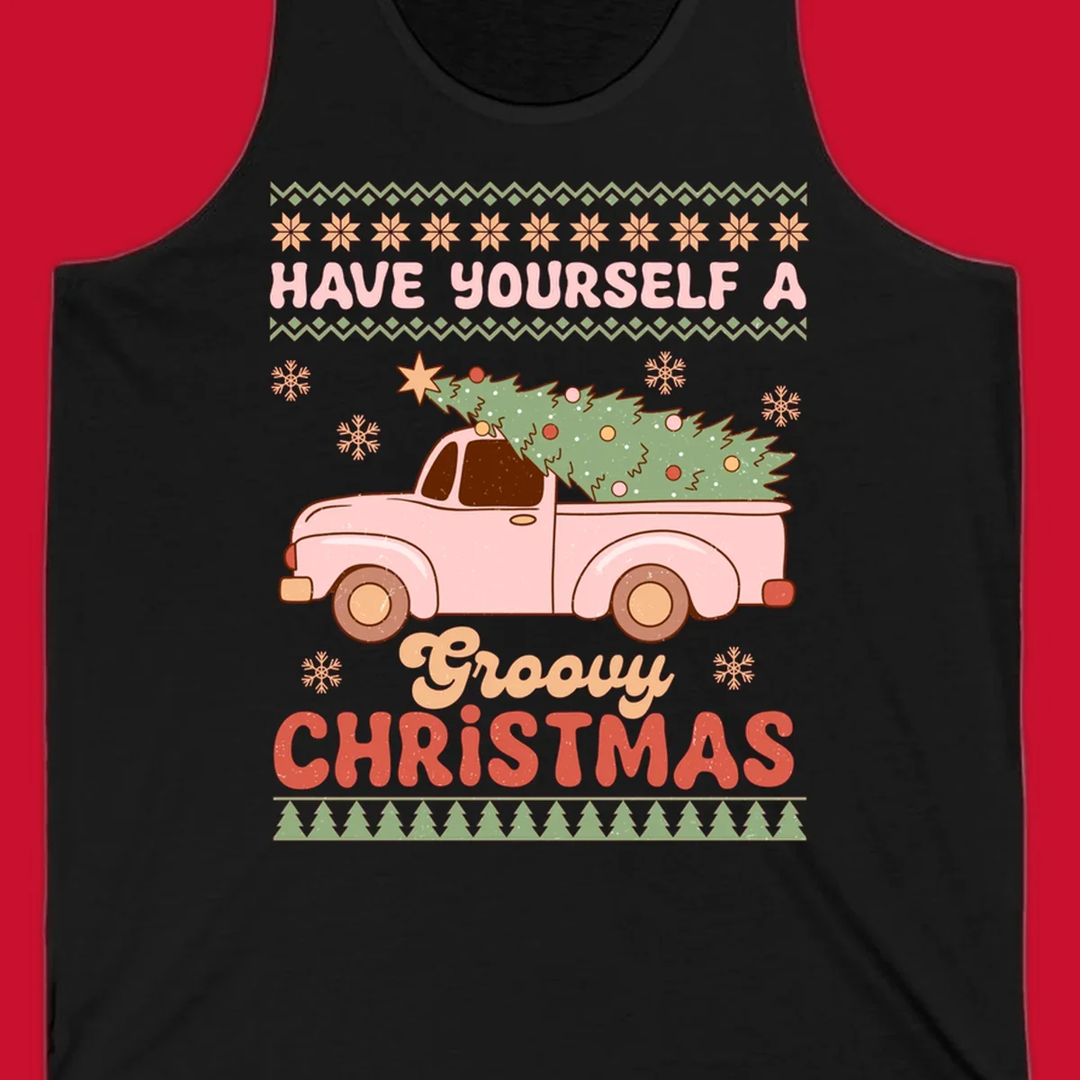 Groovy Christmas truck with tree on ugly sweater pattern