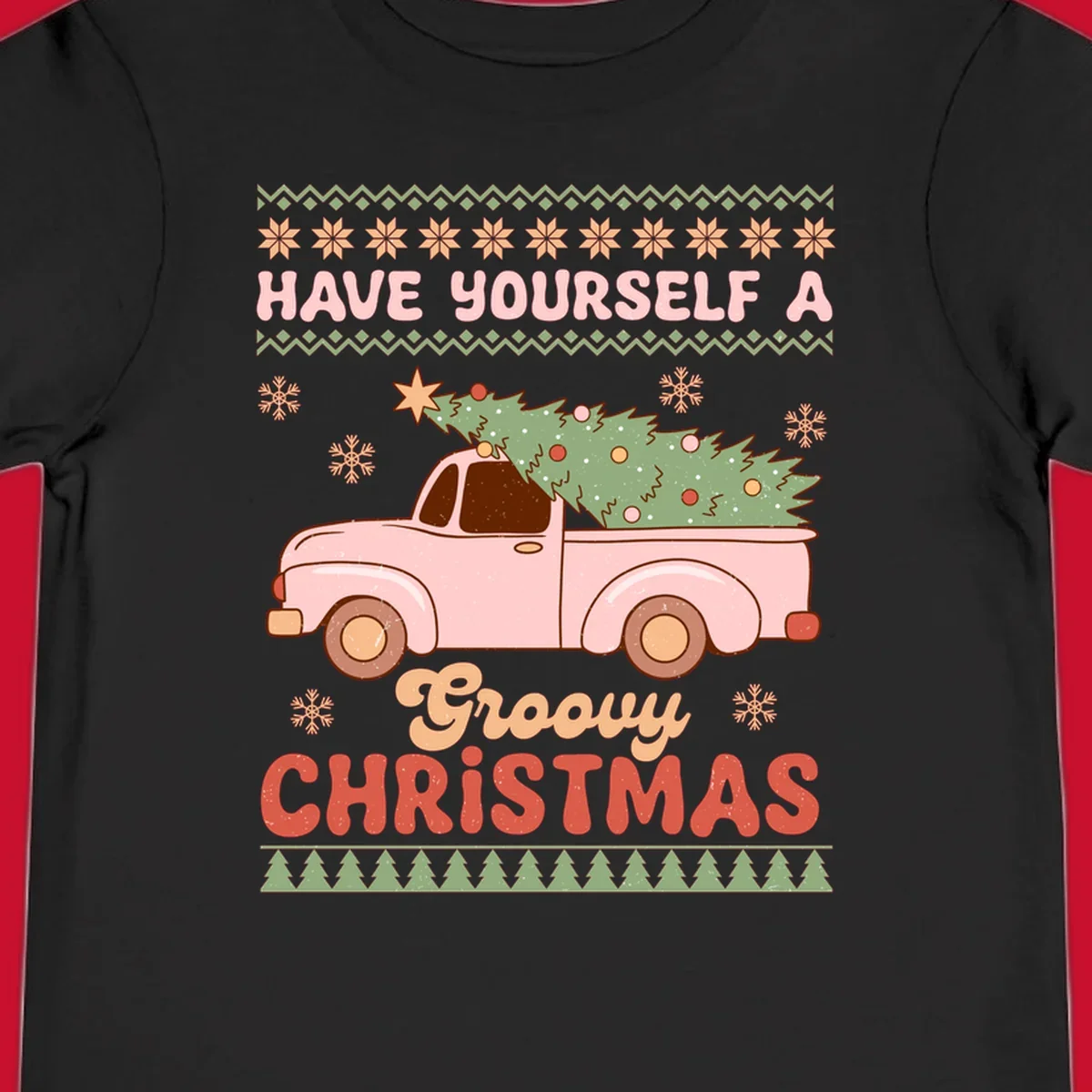 Groovy Christmas truck with tree on ugly sweater pattern