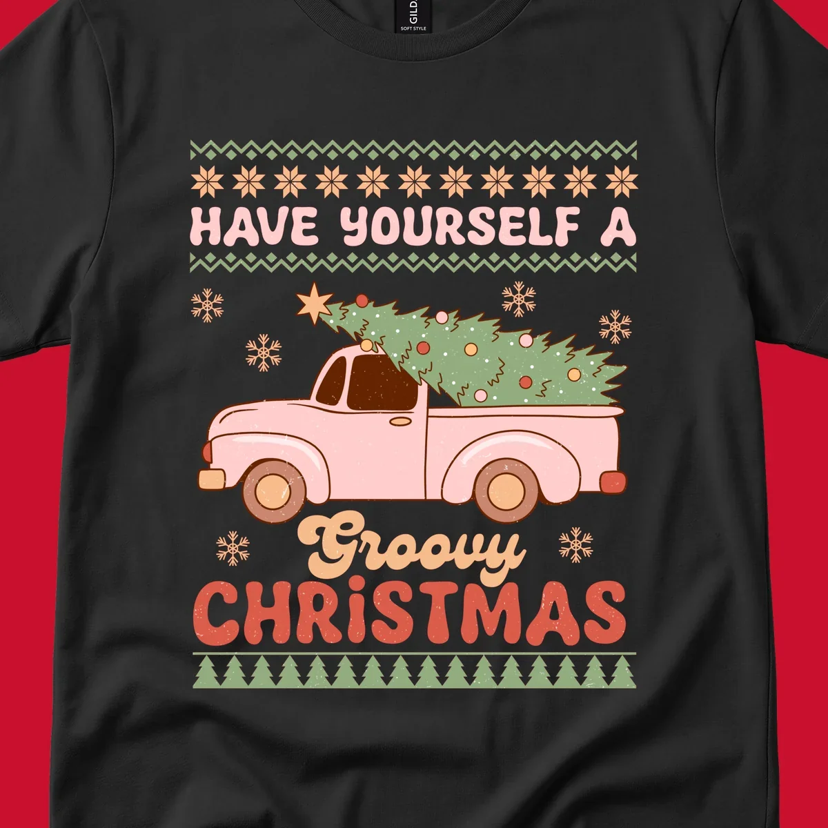 Groovy Christmas truck with tree on ugly sweater pattern