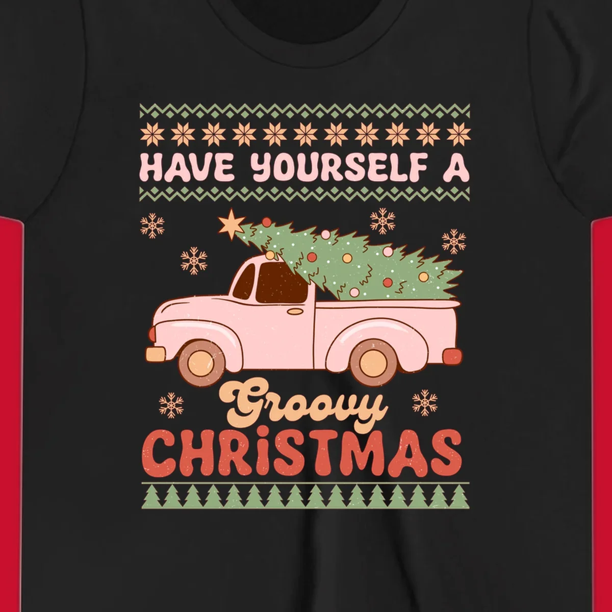 Groovy Christmas truck with tree on ugly sweater pattern