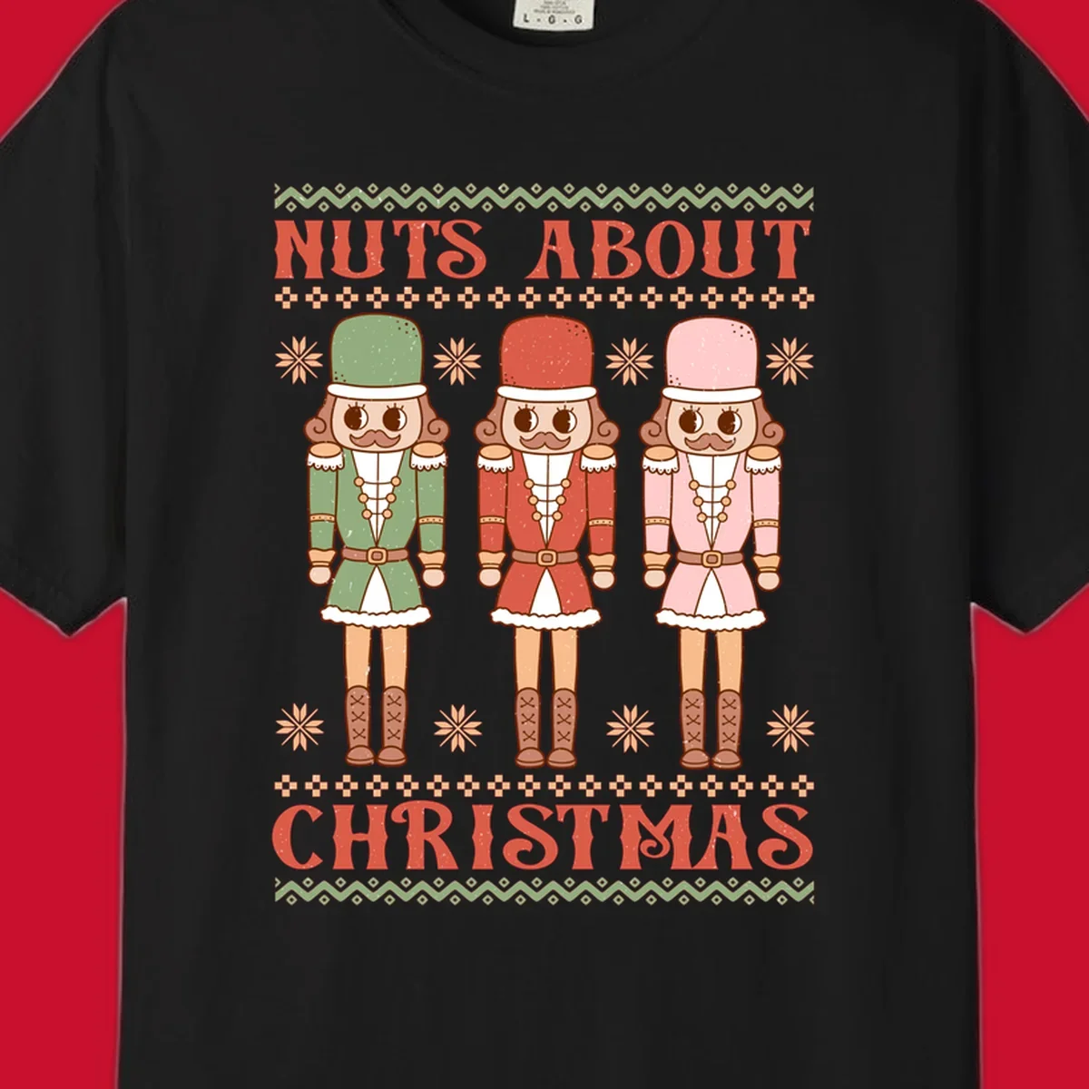 Illustration of three colorful nutcracker soldiers with text 'NUTS ABOUT CHRISTMAS' for Christmas nutcrackers design.