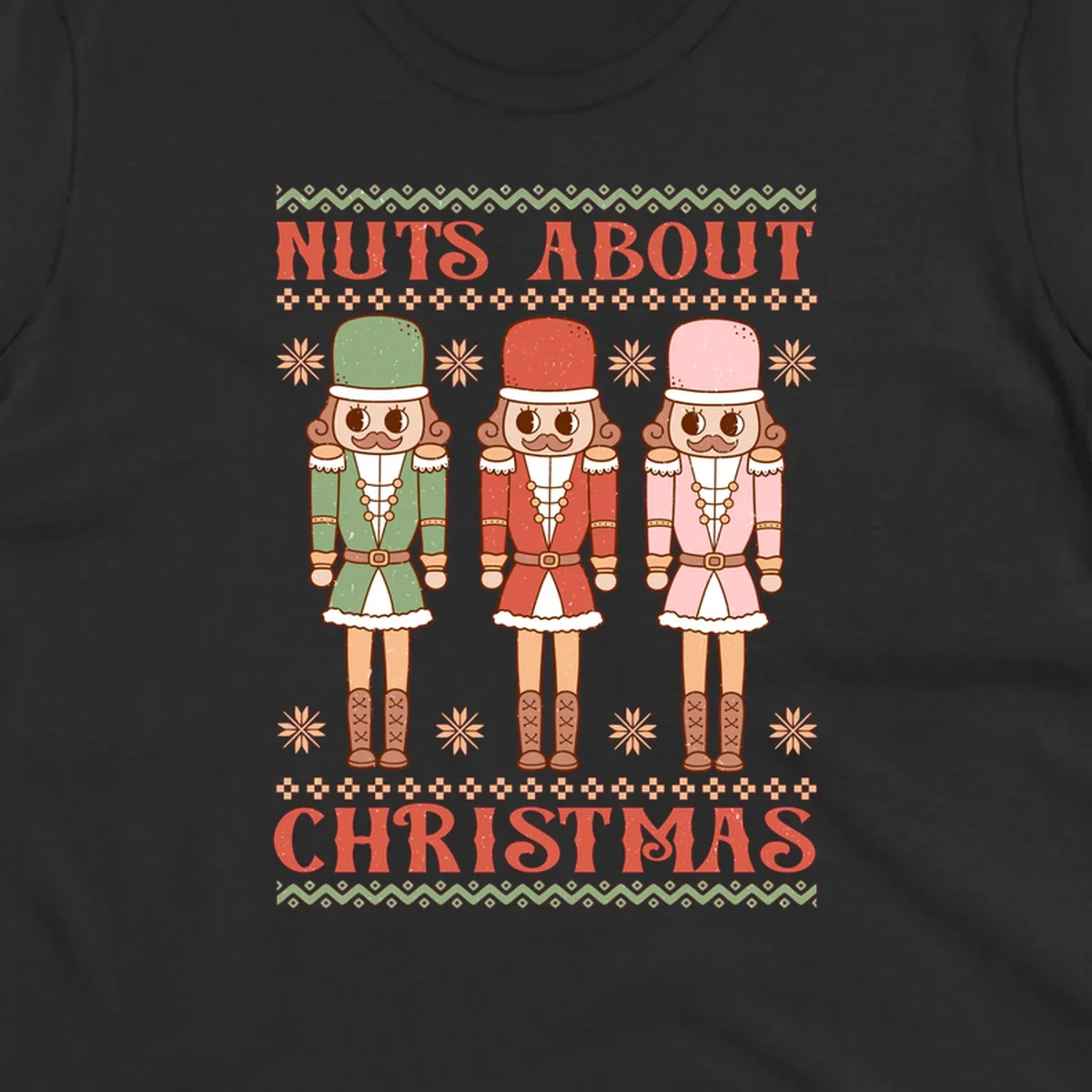Illustration of three colorful nutcracker soldiers with text 'NUTS ABOUT CHRISTMAS' for Christmas nutcrackers design.