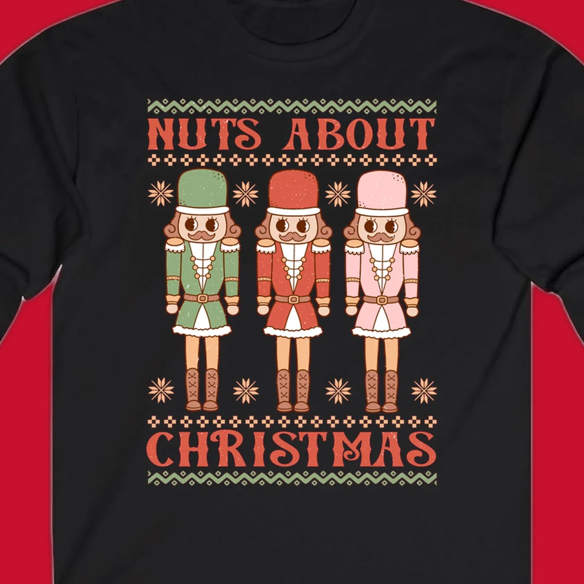 Illustration of three colorful nutcracker soldiers with text 'NUTS ABOUT CHRISTMAS' for Christmas nutcrackers design.