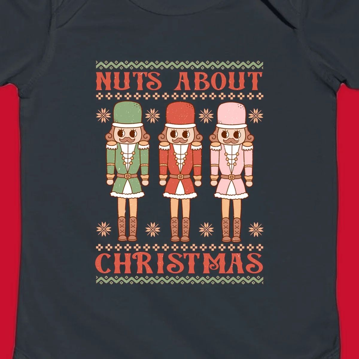 Illustration of three colorful nutcracker soldiers with text 'NUTS ABOUT CHRISTMAS' for Christmas nutcrackers design.