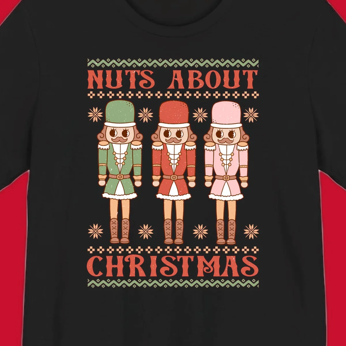Illustration of three colorful nutcracker soldiers with text 'NUTS ABOUT CHRISTMAS' for Christmas nutcrackers design.