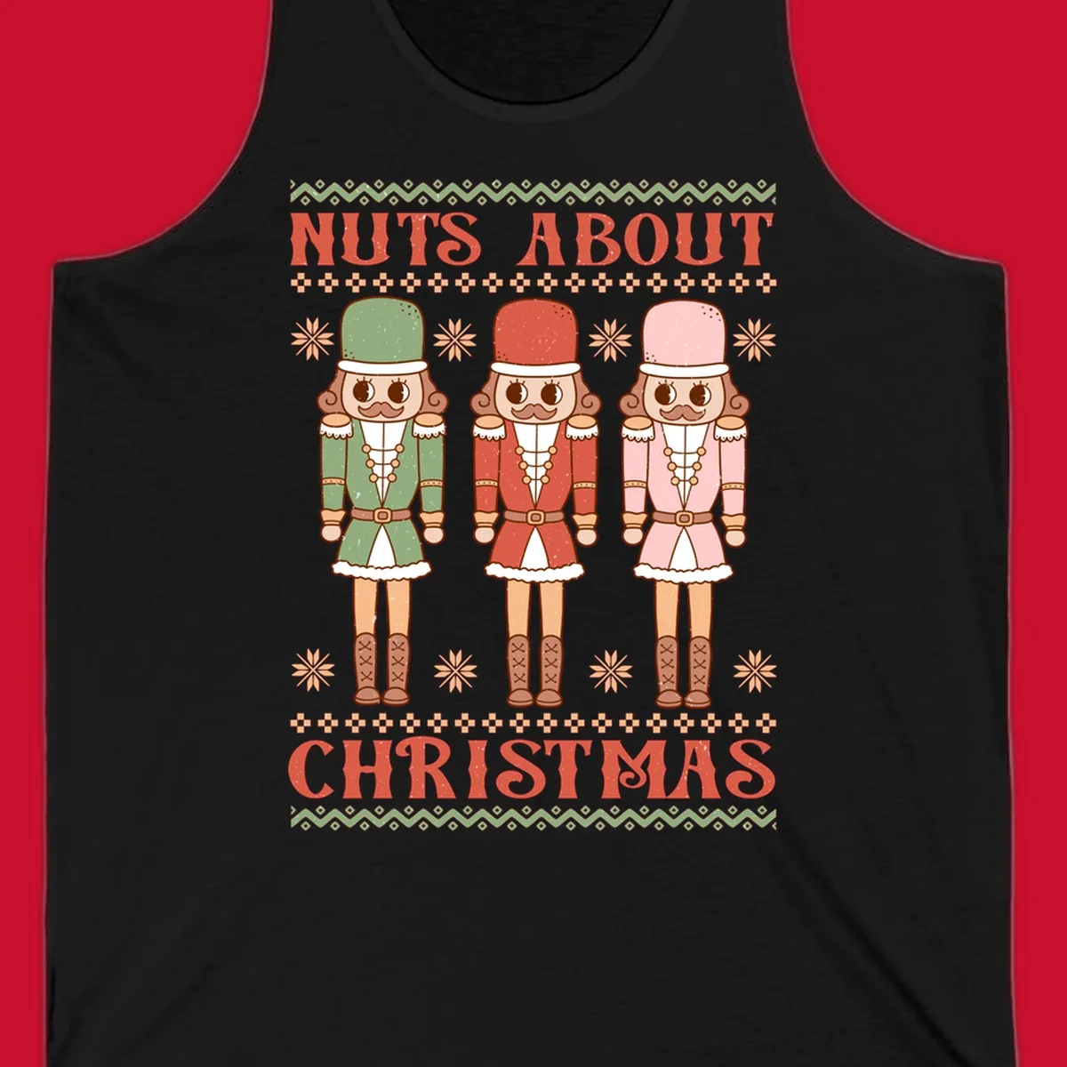 Illustration of three colorful nutcracker soldiers with text 'NUTS ABOUT CHRISTMAS' for Christmas nutcrackers design.