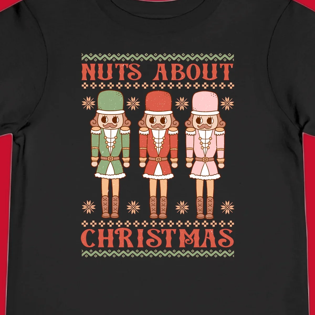 Illustration of three colorful nutcracker soldiers with text 'NUTS ABOUT CHRISTMAS' for Christmas nutcrackers design.