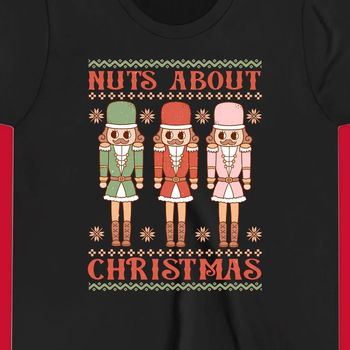 Illustration of three colorful nutcracker soldiers with text 'NUTS ABOUT CHRISTMAS' for Christmas nutcrackers design.