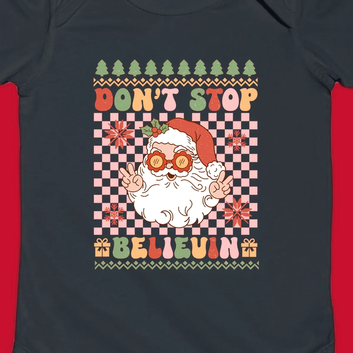 Retro Santa Claus with peace signs and sunglasses, text 'DON'T STOP BELIEVIN''.