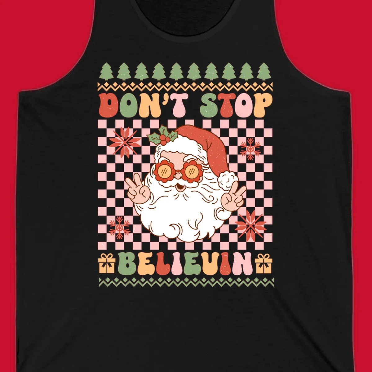 Retro Santa Claus with peace signs and sunglasses, text 'DON'T STOP BELIEVIN''.