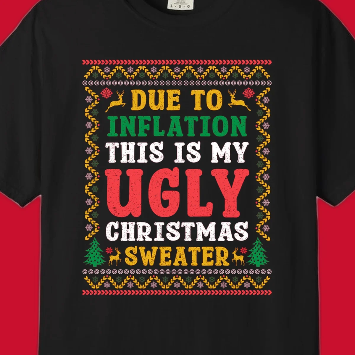 Ugly Christmas sweater design with text about inflation, featuring holiday graphics.