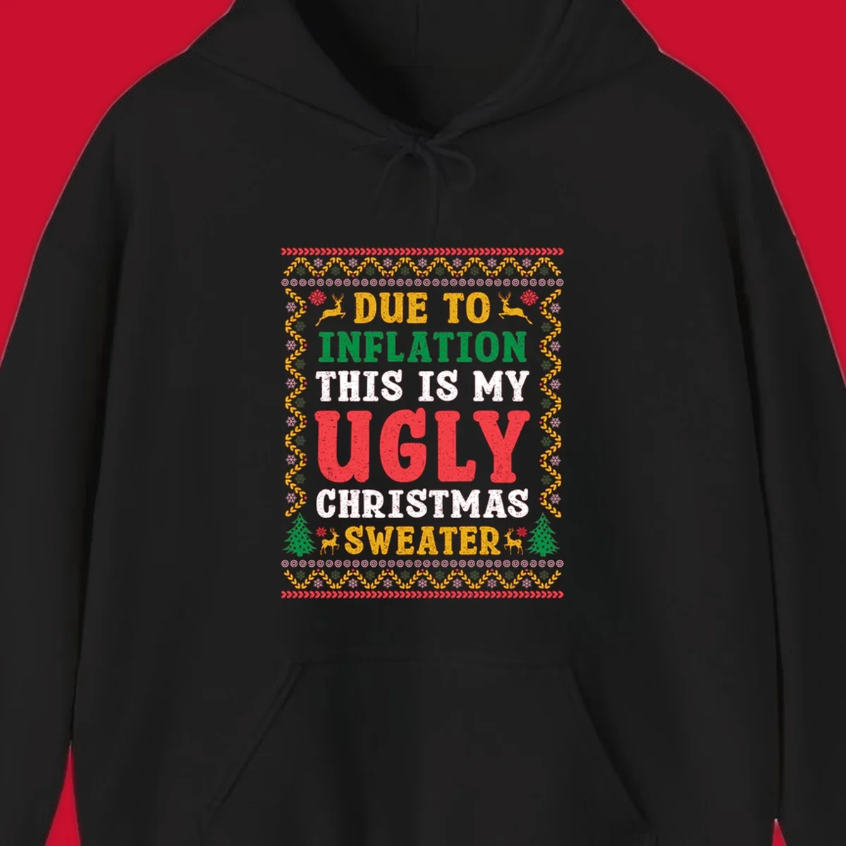 Ugly Christmas sweater design with text about inflation, featuring holiday graphics.