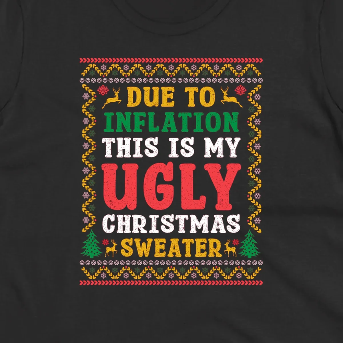 Ugly Christmas sweater design with text about inflation, featuring holiday graphics.