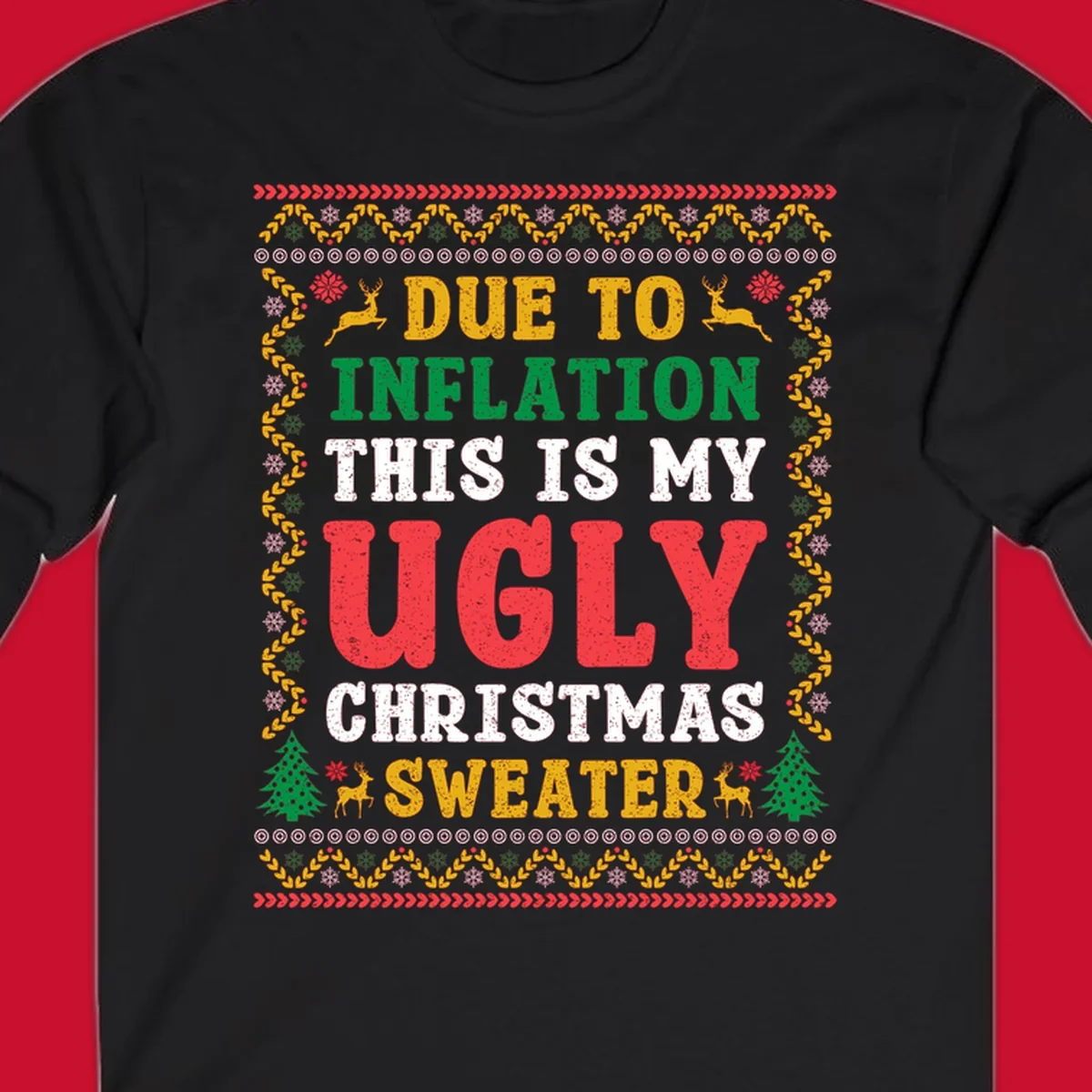 Ugly Christmas sweater design with text about inflation, featuring holiday graphics.