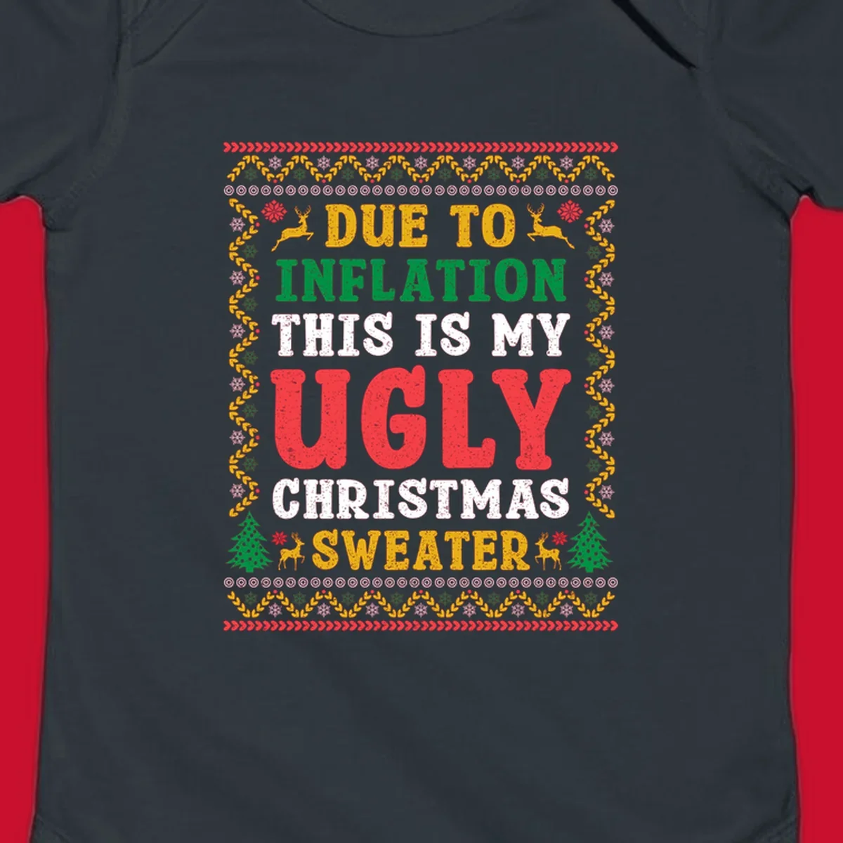 Ugly Christmas sweater design with text about inflation, featuring holiday graphics.