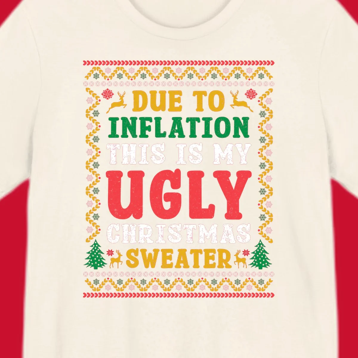 Ugly Christmas sweater design with text about inflation, featuring holiday graphics.
