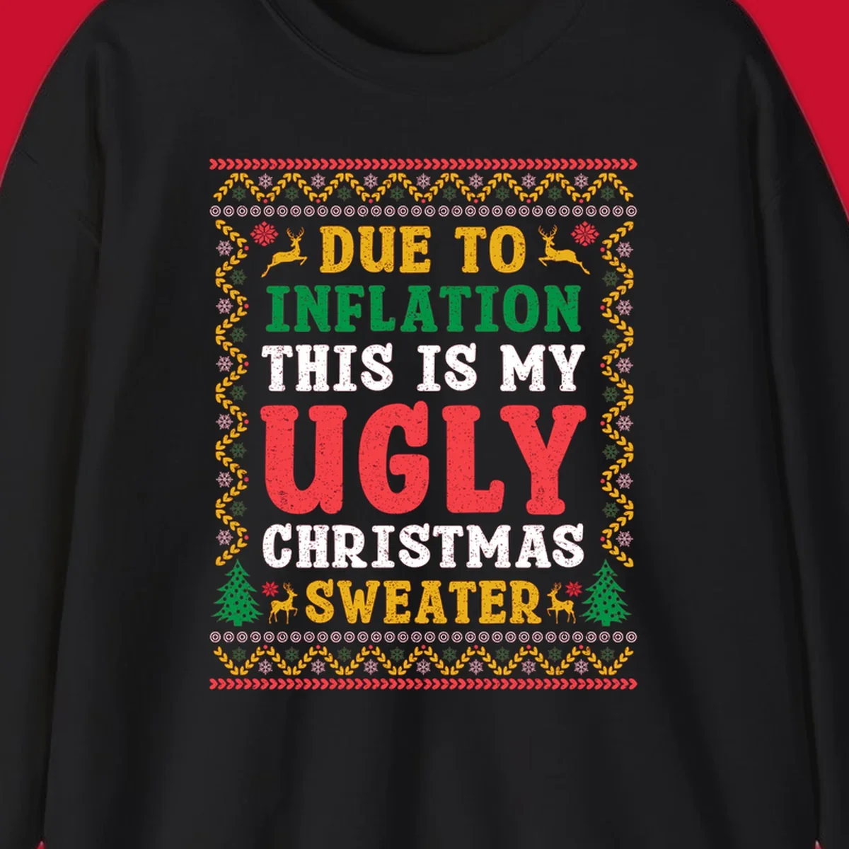 Ugly Christmas sweater design with text about inflation, featuring holiday graphics.